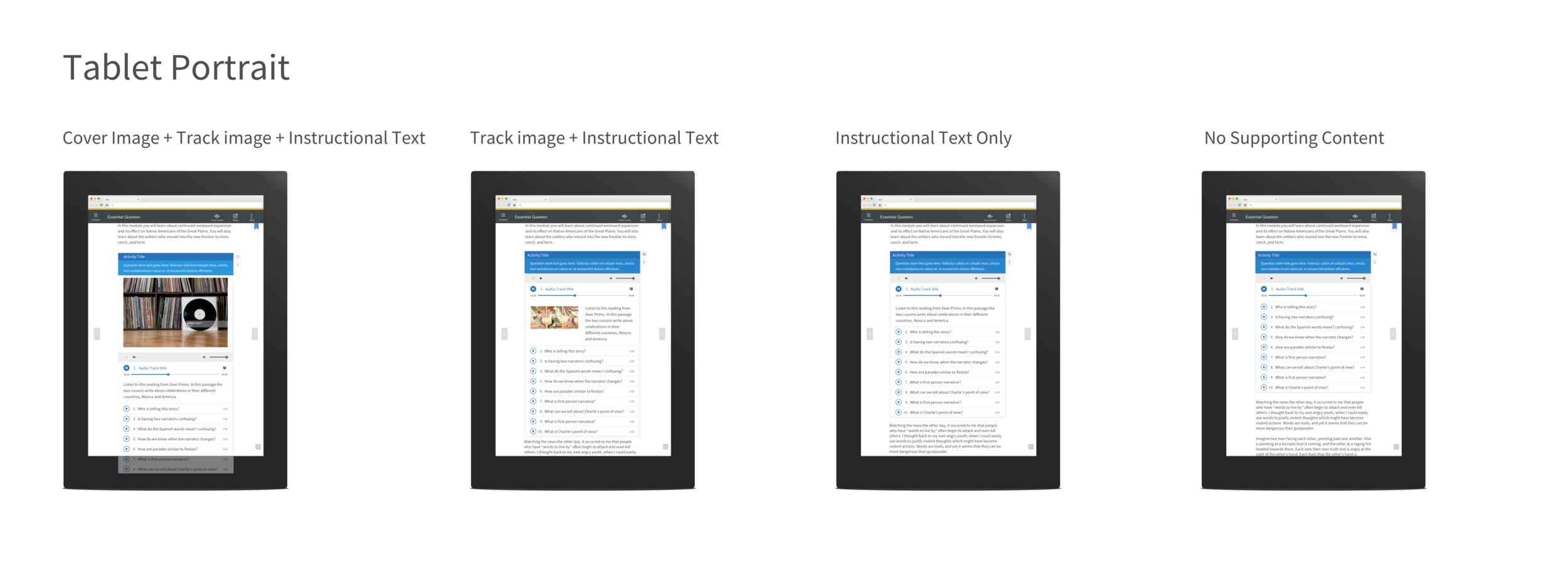 The Audio Gallery display on a tablet portrait screen with four content combination. 