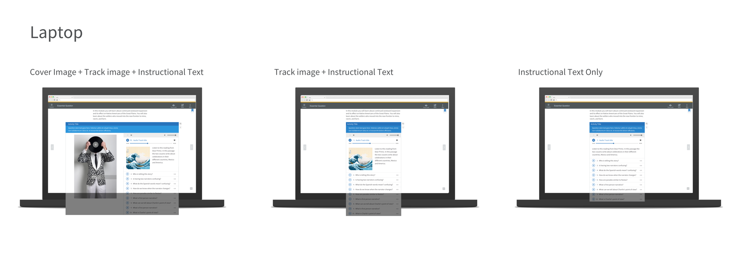 The Audio Gallery display on a laptop screen with three content combination. 