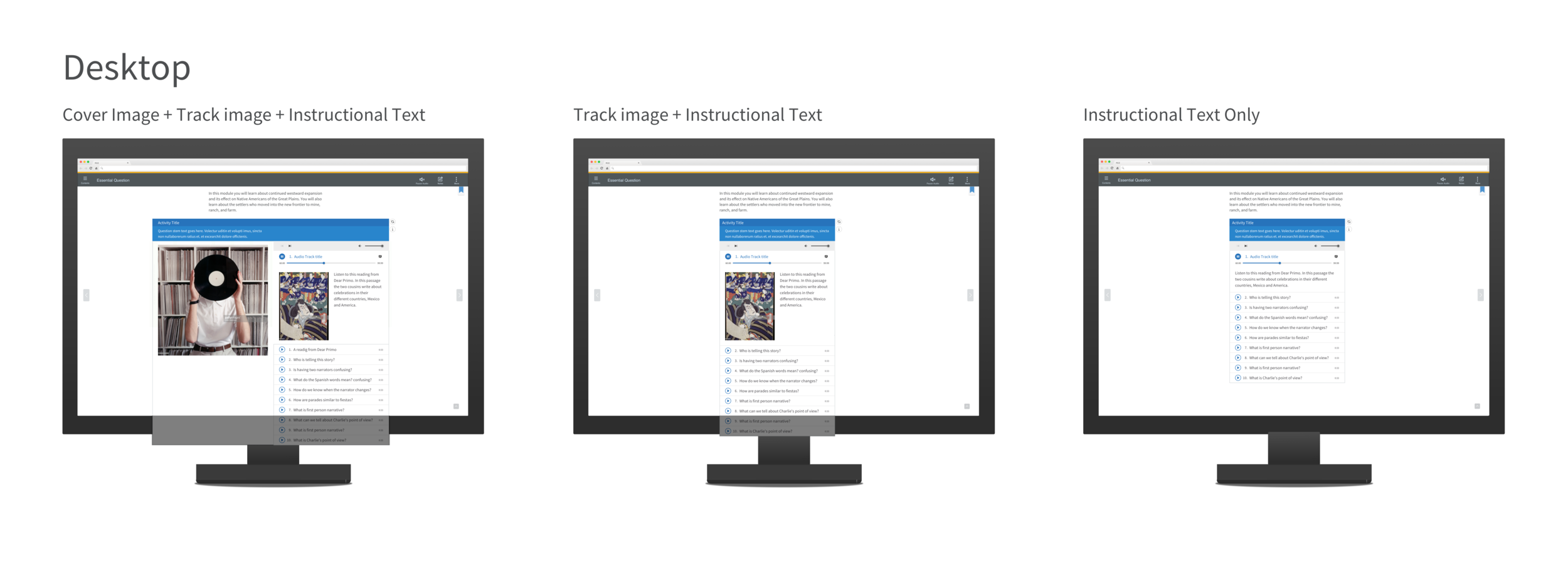 The Audio Gallery display on a desktop screen with three content combination. 