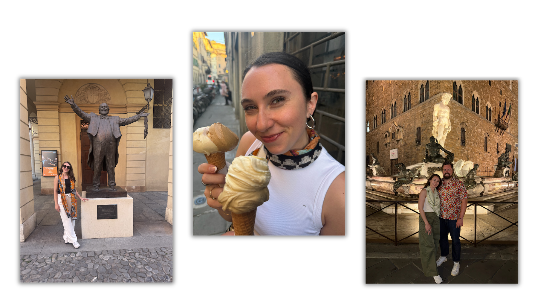 Woman posing in front of Italian fountain in colorful scarf