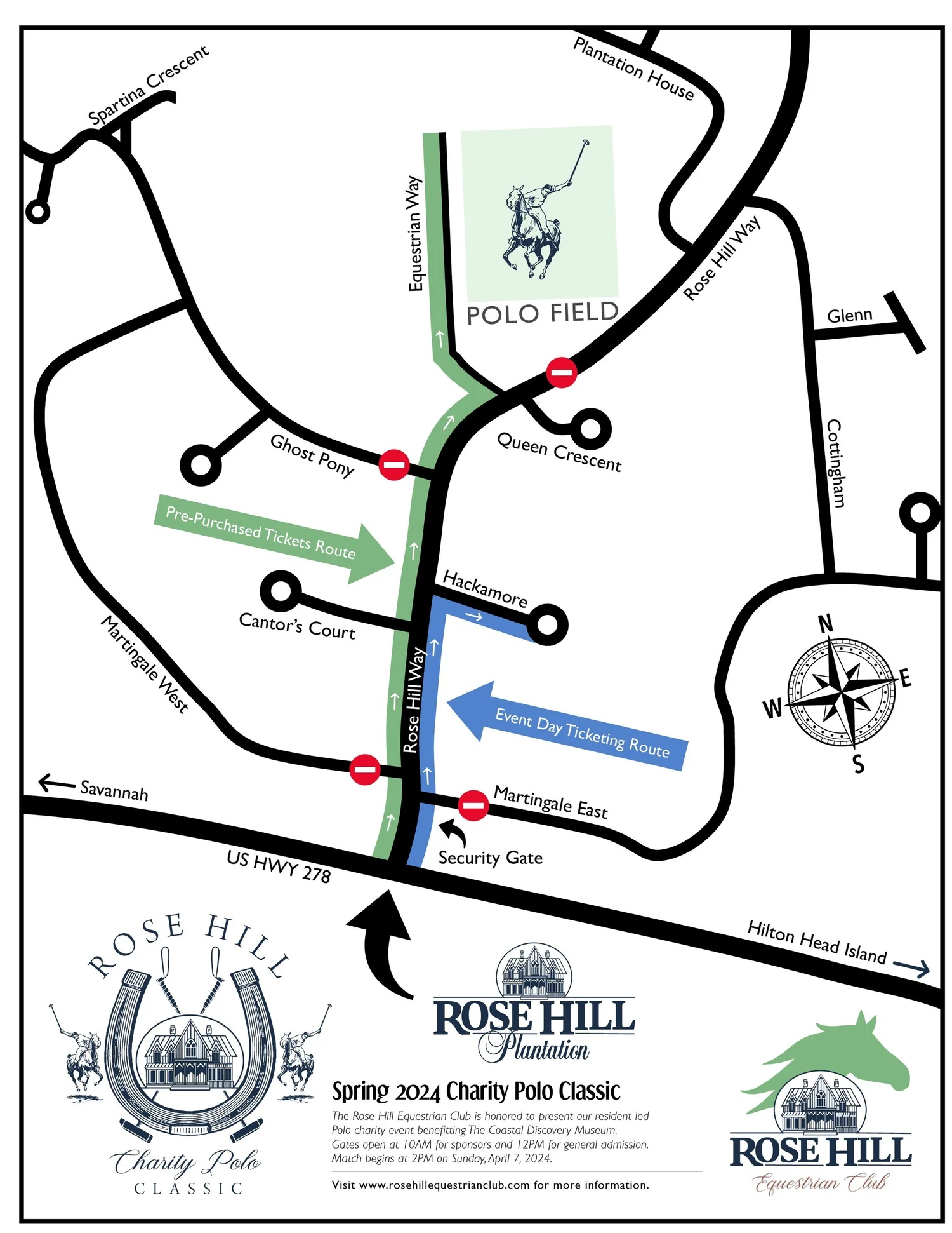 Road map of Rose Hill Plantation showing ticket routes from the security gate to the polo field