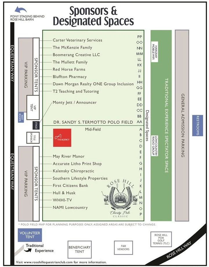Polo field map showing sponsor tents, designated spaces and parking
