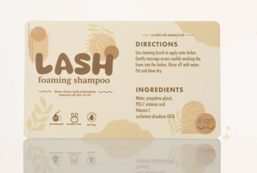 Elan Beaute lash shampoo labels