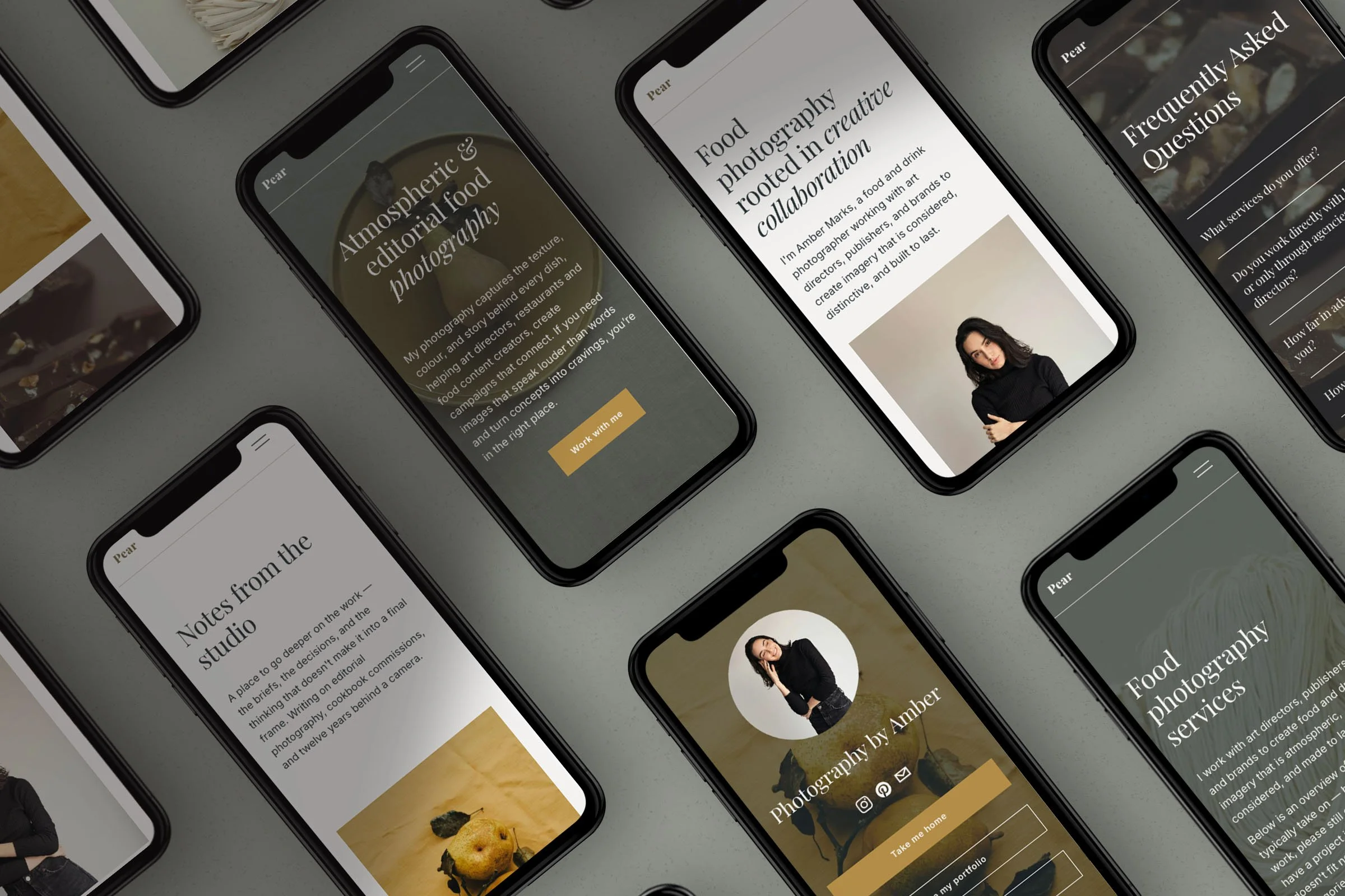 Multiple smartphones displaying a website about atmospheric and editorial food photography, with images of a pear, a woman, and various food items, laid out on a gray surface.
