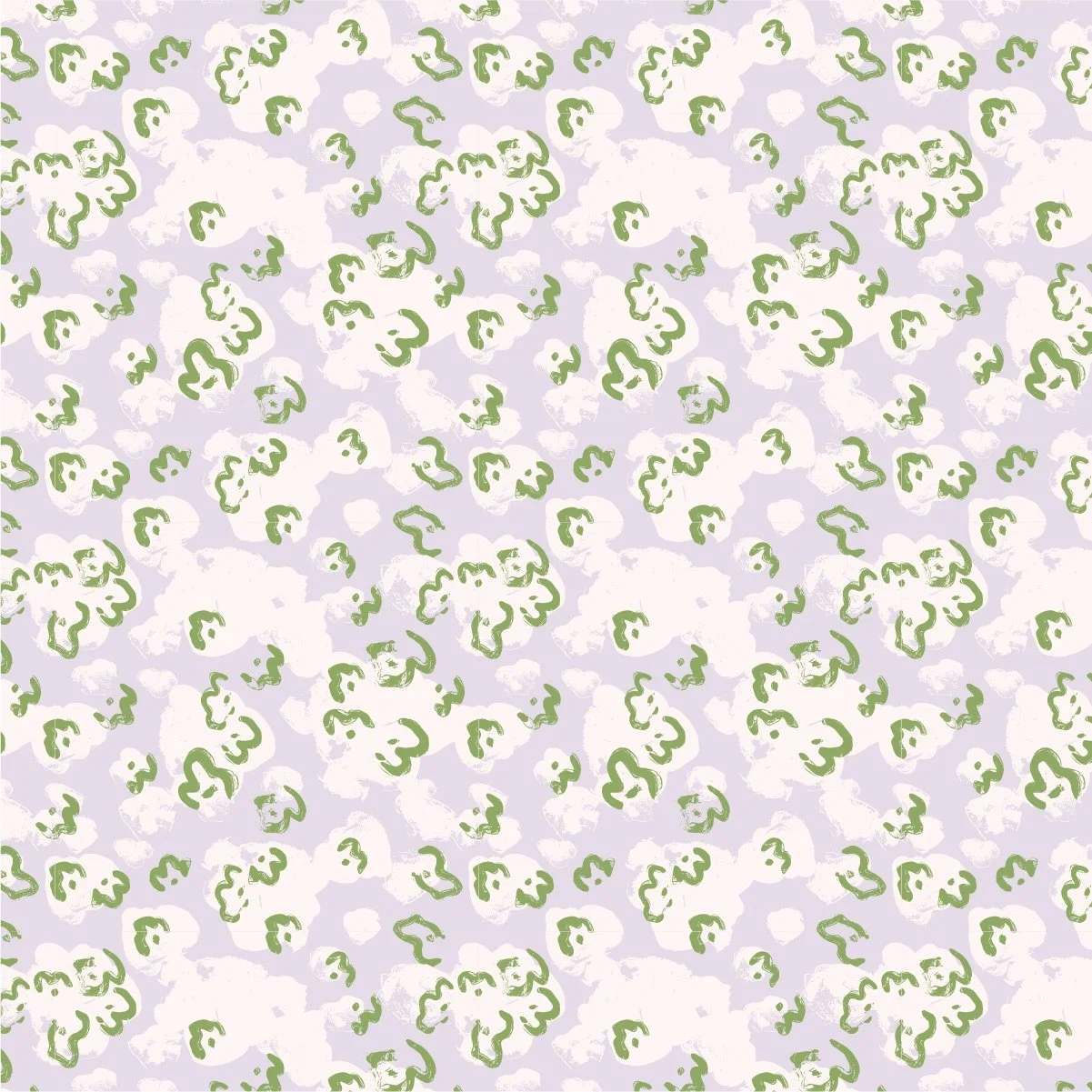 A seamless pattern with abstract green and white cauliflower shapes on a pale purple background.