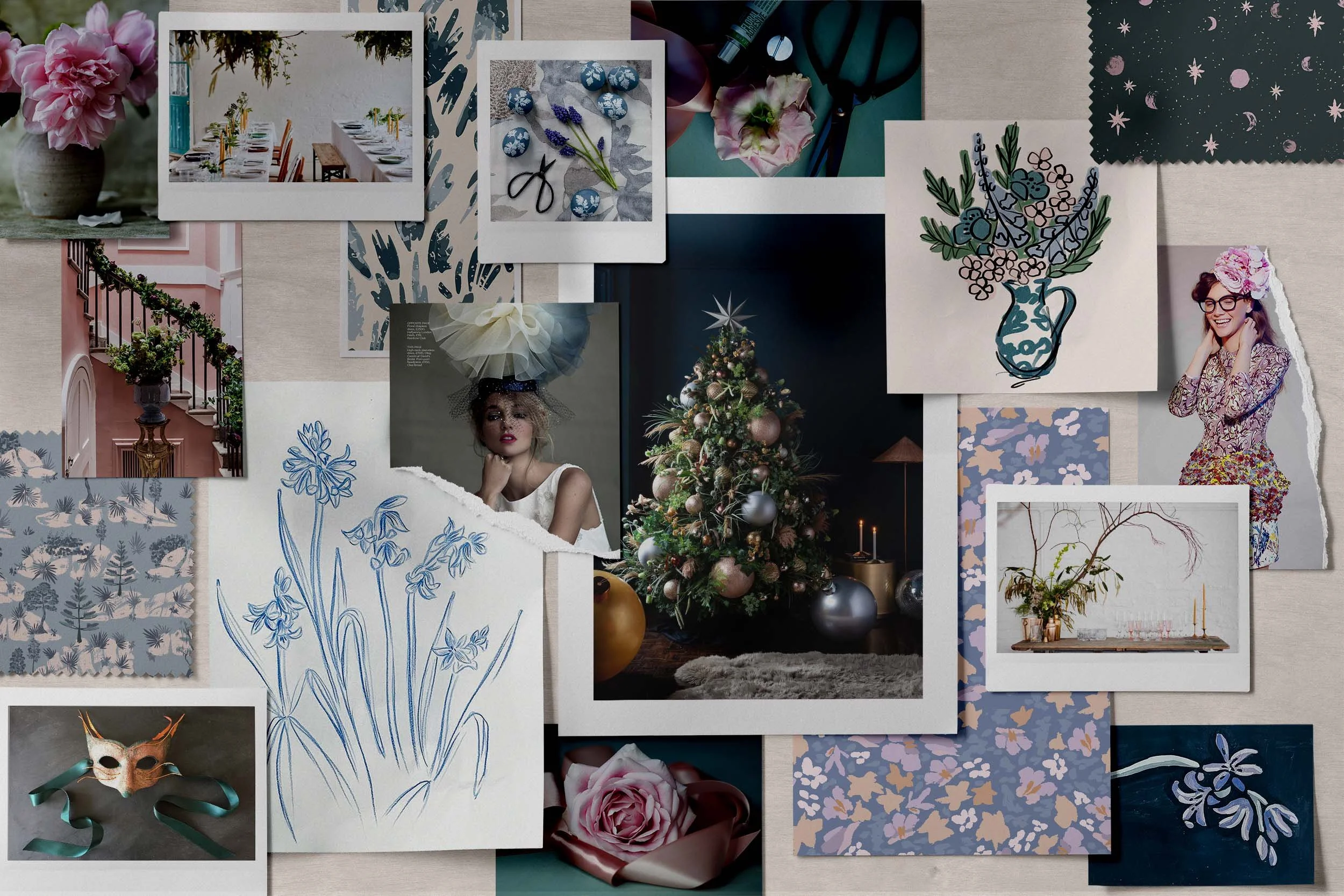 A collage of various photos and artwork, including a decorated Christmas tree, floral illustrations, a woman with a large headpiece, a woman with glasses and a floral headband, floral fabric swatches, artwork, and photographs of flowers and interior decor.