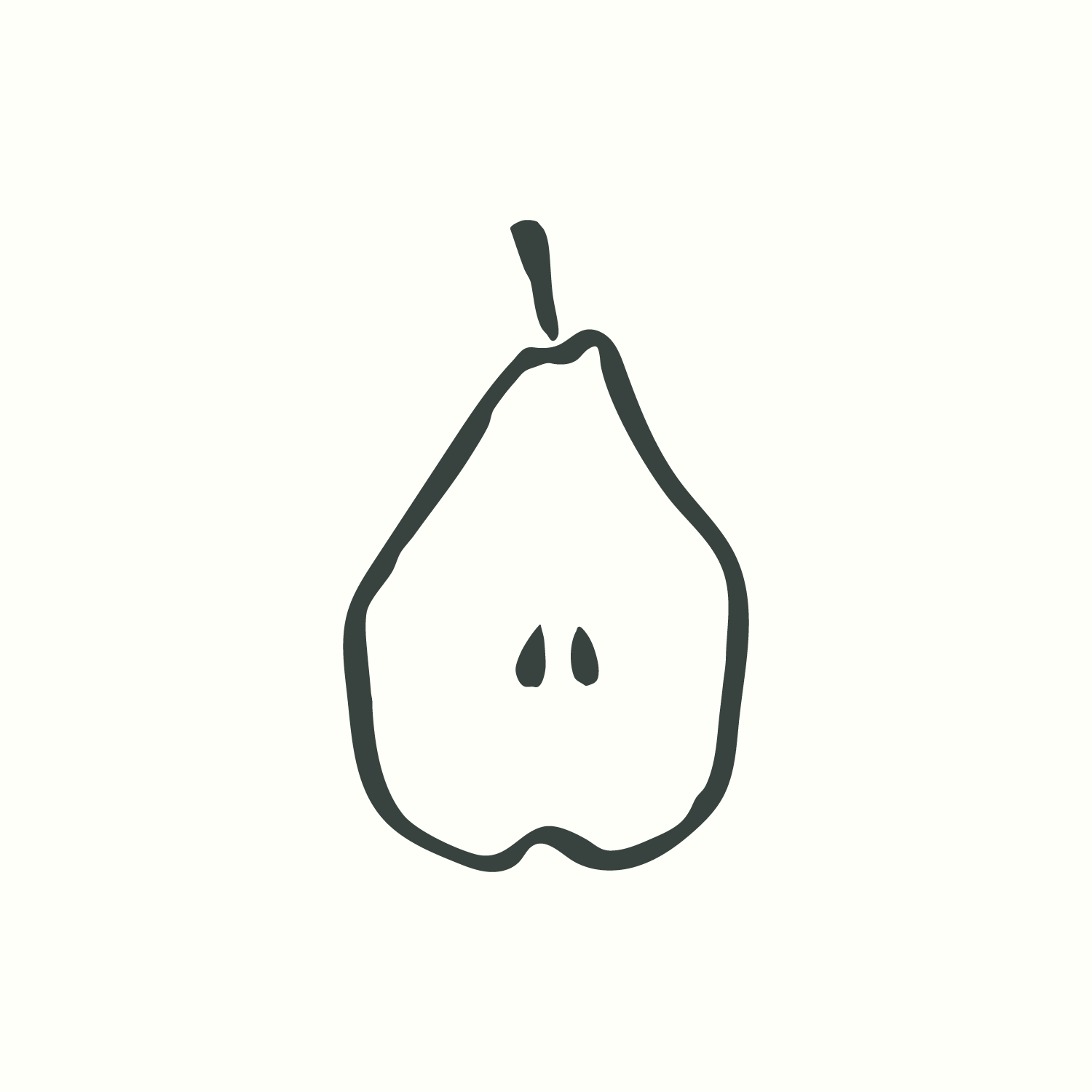 Simple black outline drawing of a pear with a small stem on top and two small cutouts representing the pear's seeds.