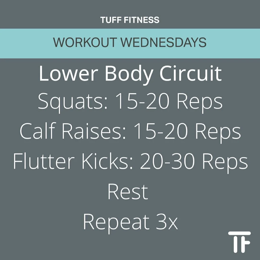 Workout Wednesday. This weeks workout is a lower body circuit consisting of Squats( to increase difficulty hold a weight in each of your hands and let the weight rest on your shoulders and to decrease difficulty have a chair slightly behind you and s