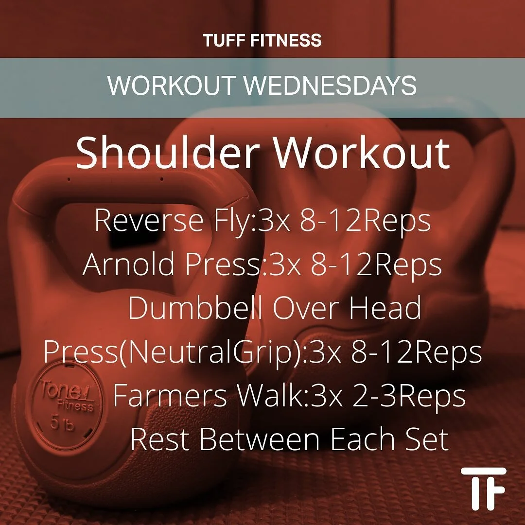 Workout Wednesday. This weeks workout is for the shoulders. First we have Reverse Fly( to increase difficulty hold for 3 seconds at the top and to decrease difficulty either just use your arms in the same motion or use lighter weight), Arnold Press(t