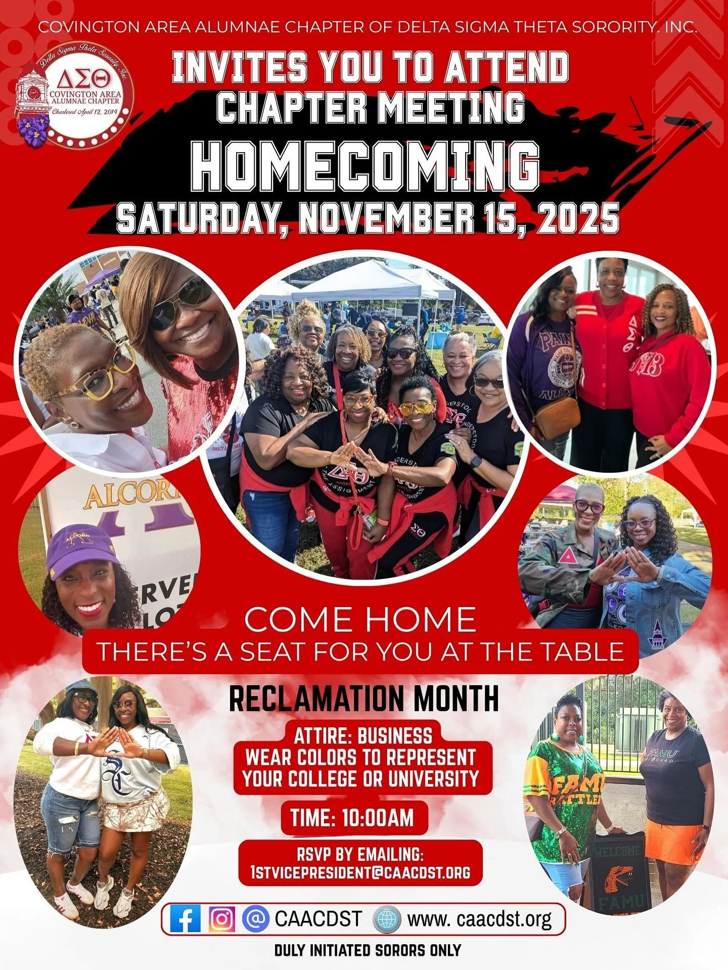 HOME. It&rsquo;s more than a place&mdash;it&rsquo;s a feeling. Join the Covington Area Alumnae Chapter for our Homecoming Chapter Meeting as we celebrate Reclamation Month and the bonds that unite us! ❤️
Wear your college colors, bring your Delta spi