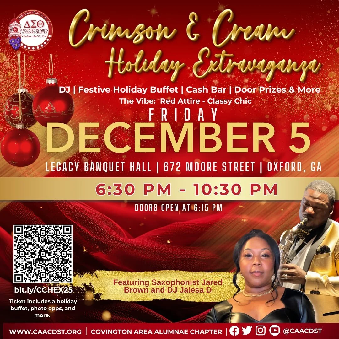 The holiday season is calling, and we&rsquo;re answering in Crimson &amp; Cream!
Join us for a night of elegance, live jazz, a festive buffet, door prizes &amp; more.
You don&rsquo;t want to miss Jared Brown on sax and DJ Jalesa D bringing the vibes!