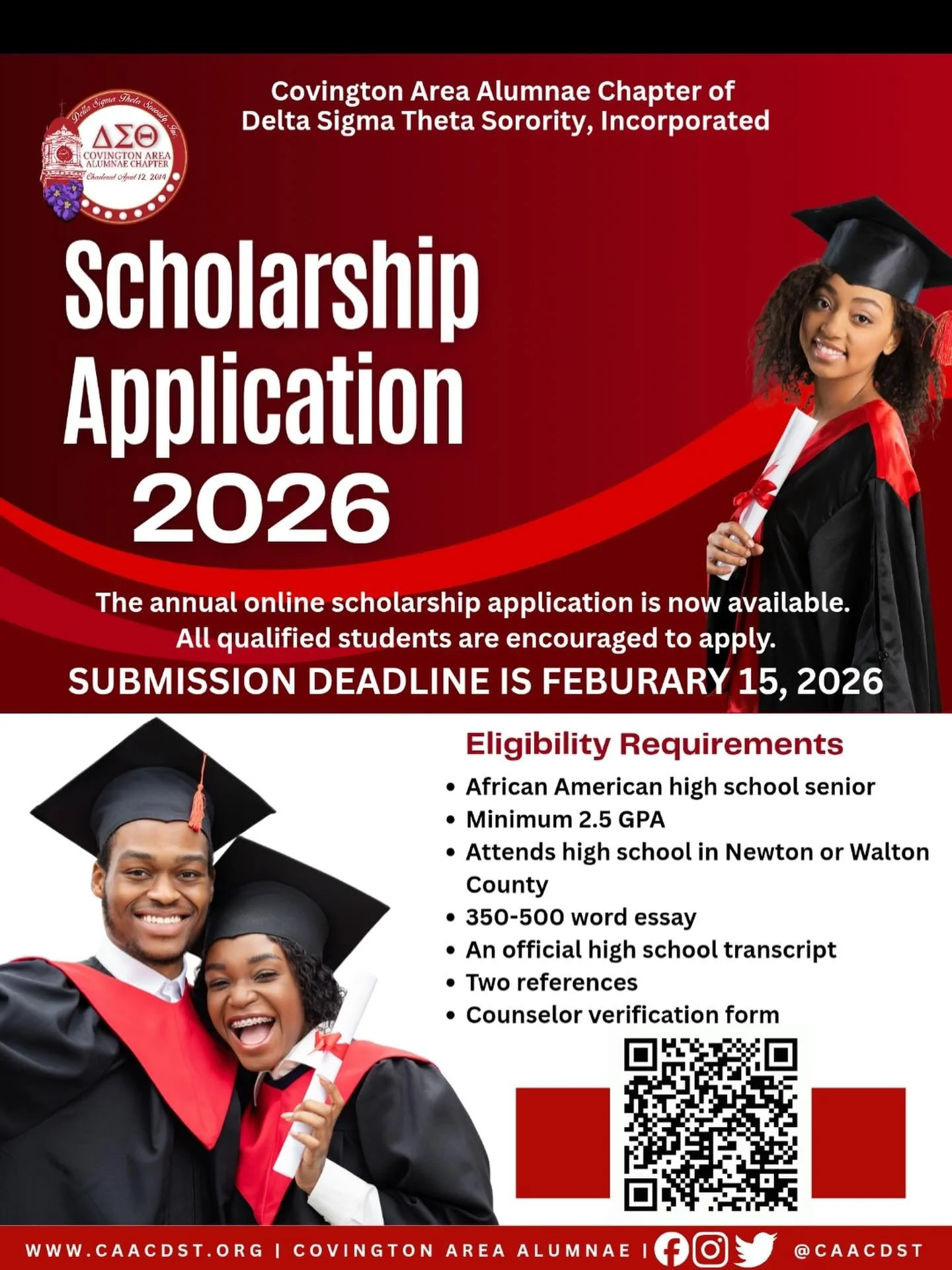 The Covington Area Alumnae Chapter of Delta Sigma Theta Sorority, Inc. is now accepting applications for our **2026 Scholarship!**

If you&rsquo;re a high school senior in Newton or Walton County with big dreams for college, this is YOUR moment.

📅 