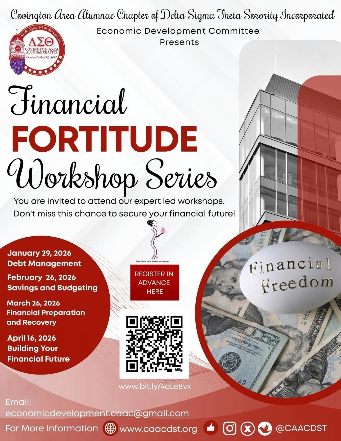 Ready to take control of your financial future?
The Covington Area Alumnae Chapter of Delta Sigma Theta Sorority, Inc. invites you to our Financial Fortitude Workshop Series &mdash; a powerful, expert-led experience designed to help you build, protec