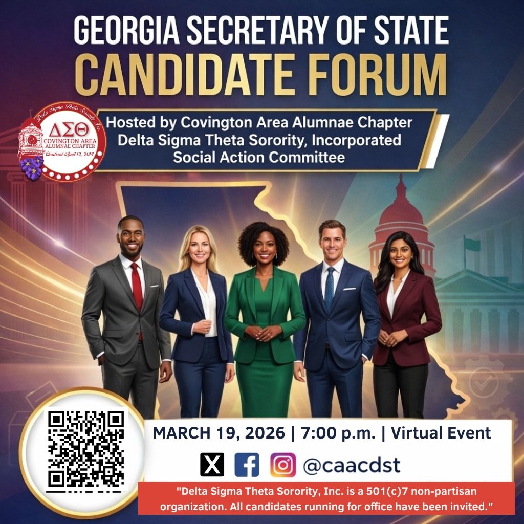 Hear from candidates. Compare platforms. Stay informed.
Mark your calendars and register to join us for the Georgia Secretary of State Candidate Forum on March 19, 2026 at 7:00 p.m. 

To attend, register in advance at https://us06web.zoom.us/meeting/