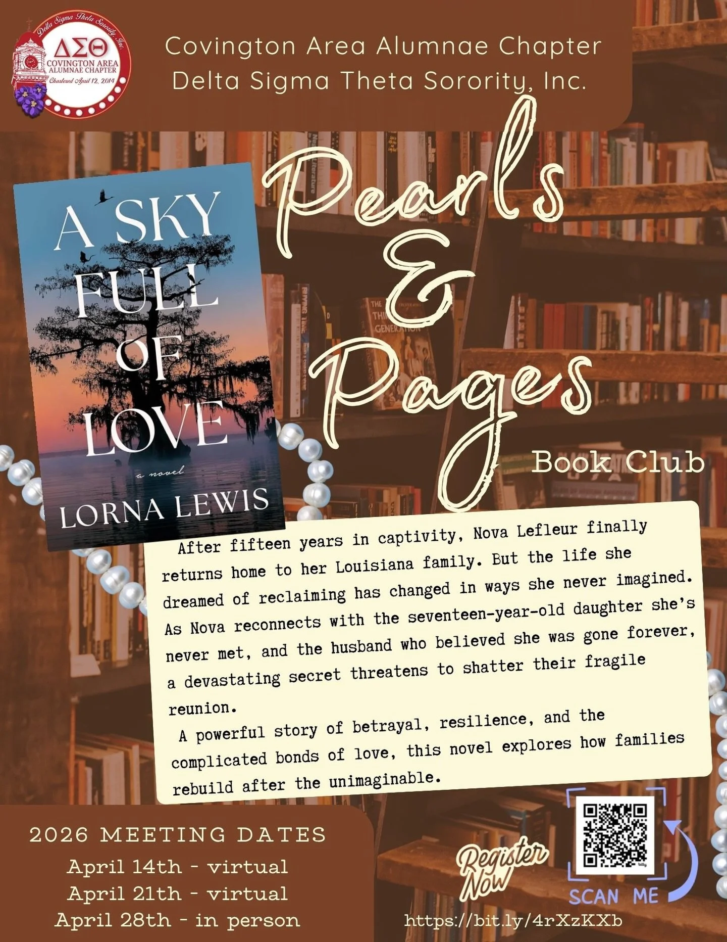 Join the Covington Area Alumnae Chapter for our Pearls and Pages Book Club Series featuring A Sky Full of Love by Lorna Lewis.
Dive into a powerful story of love, family, and hidden truths while connecting through meaningful conversations and sisterh