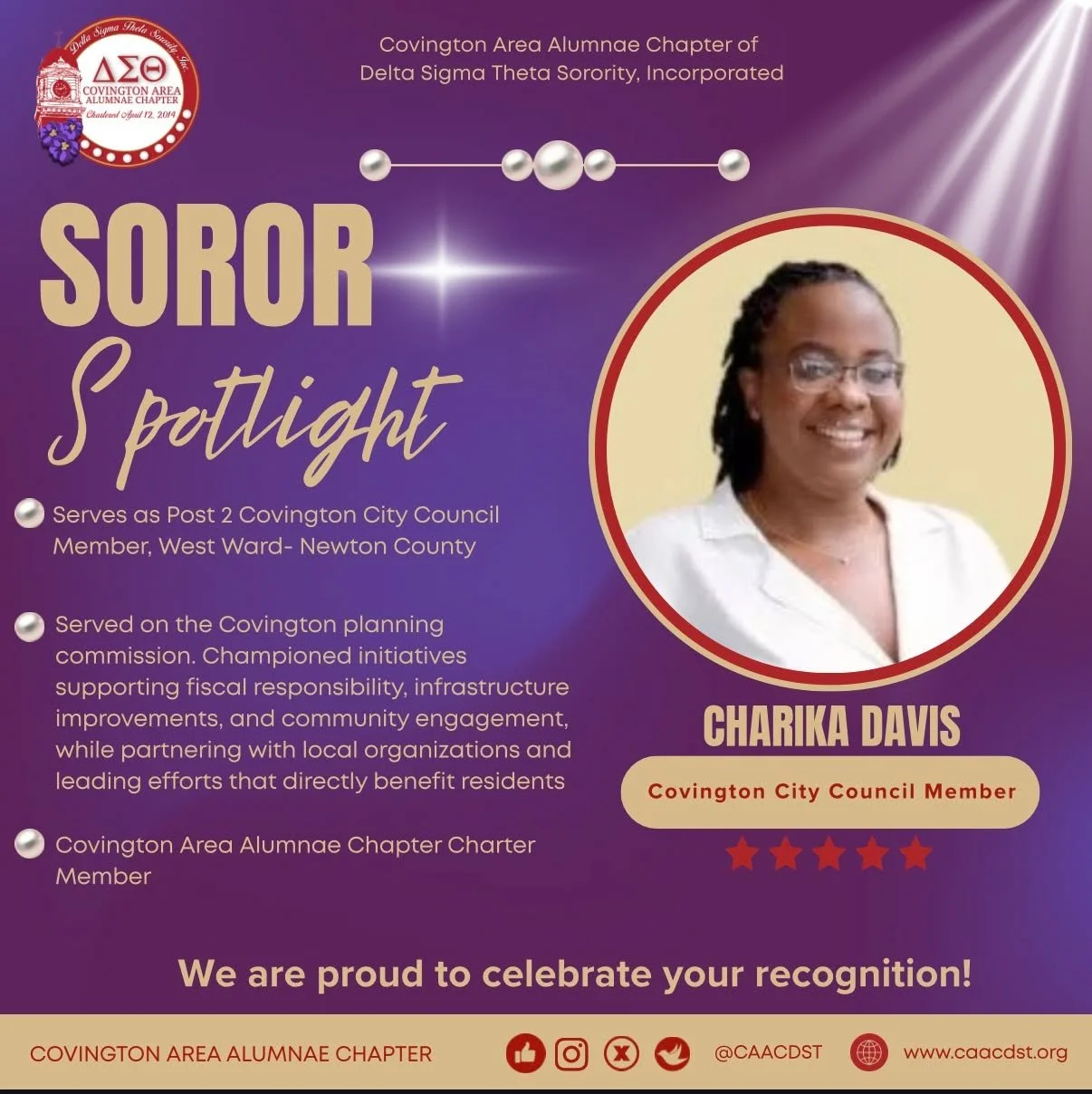 Today, we proudly shine the spotlight on an exceptional woman of purpose, passion, and service! Thank you for your dedication.

#CAACSpotlight
#DST1913
#SisterhoodAndService
#DeltaSigmaTheta
#SororSpotlight
#ExcellenceInAction