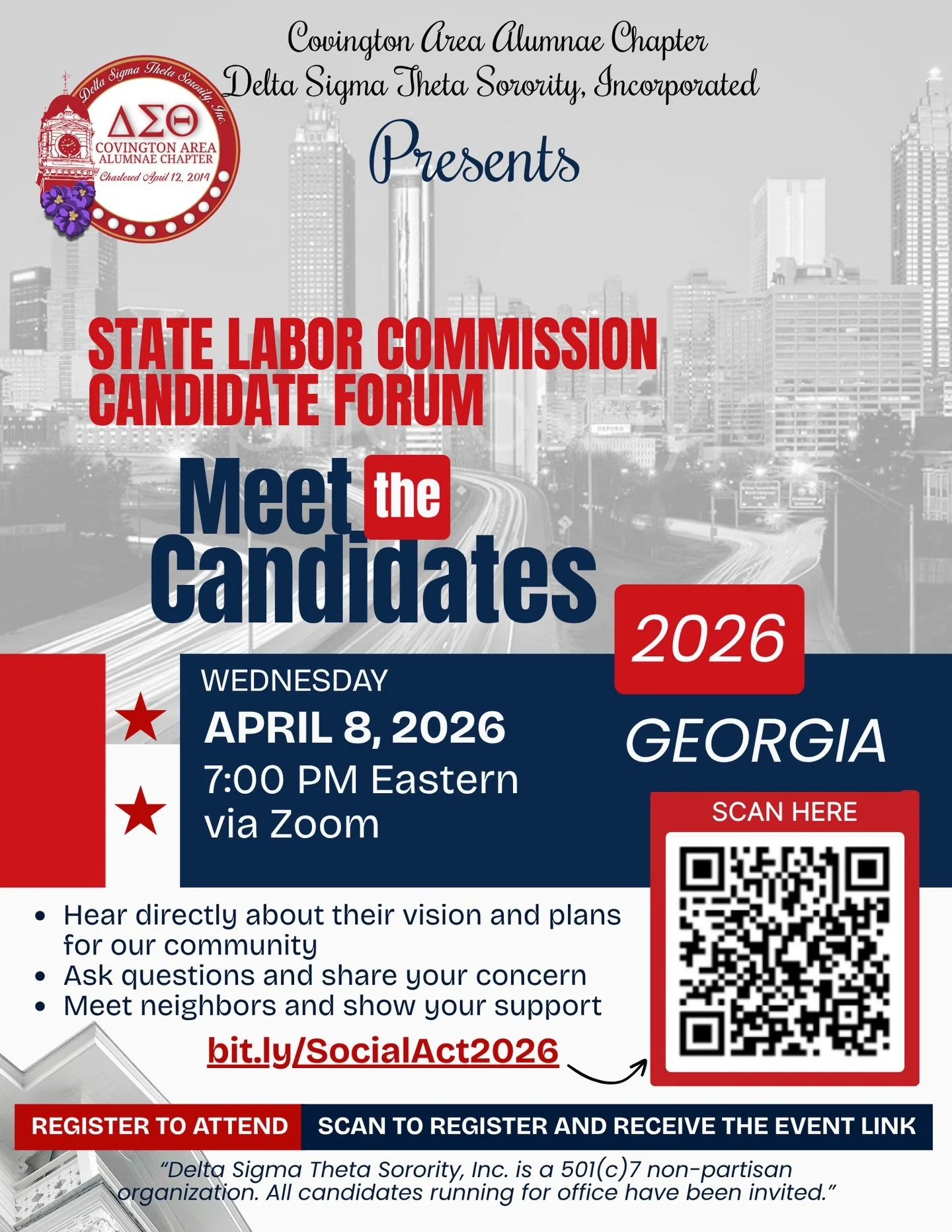 🗳️ Georgia State Labor Commission Candidate Forum

The Covington Area Alumnae Chapter of Delta Sigma Theta Sorority, Inc. invites you to meet the candidates for State Labor Commissioner!
Learn about the role, explore key workforce issues, and hear d
