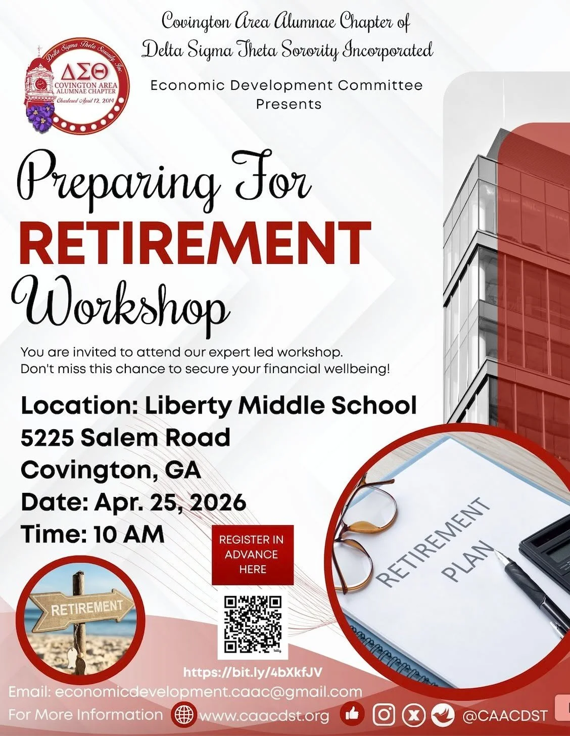 It&rsquo;s never too early&mdash;or too late&mdash;to plan for your future!

Join the Covington Area Alumnae Chapter for our Preparing for Retirement Workshop and take the next step toward financial security and peace of mind.

Liberty Middle School,