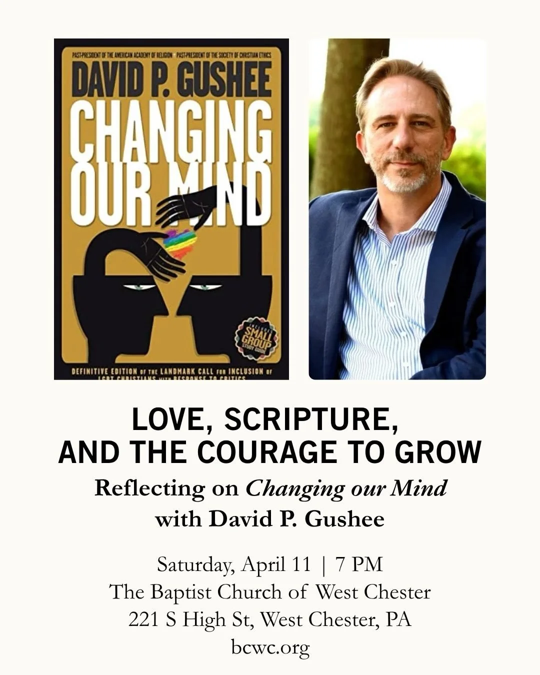 We are thrilled to host Rev. Dr. David P. Gushee at the Baptist Church of West Chester on April 11 and 12. You are invited! 

Rev. Prof. Dr. David P. Gushee is Distinguished University Professor of Christian Ethics at Mercer University, Chair of Chri