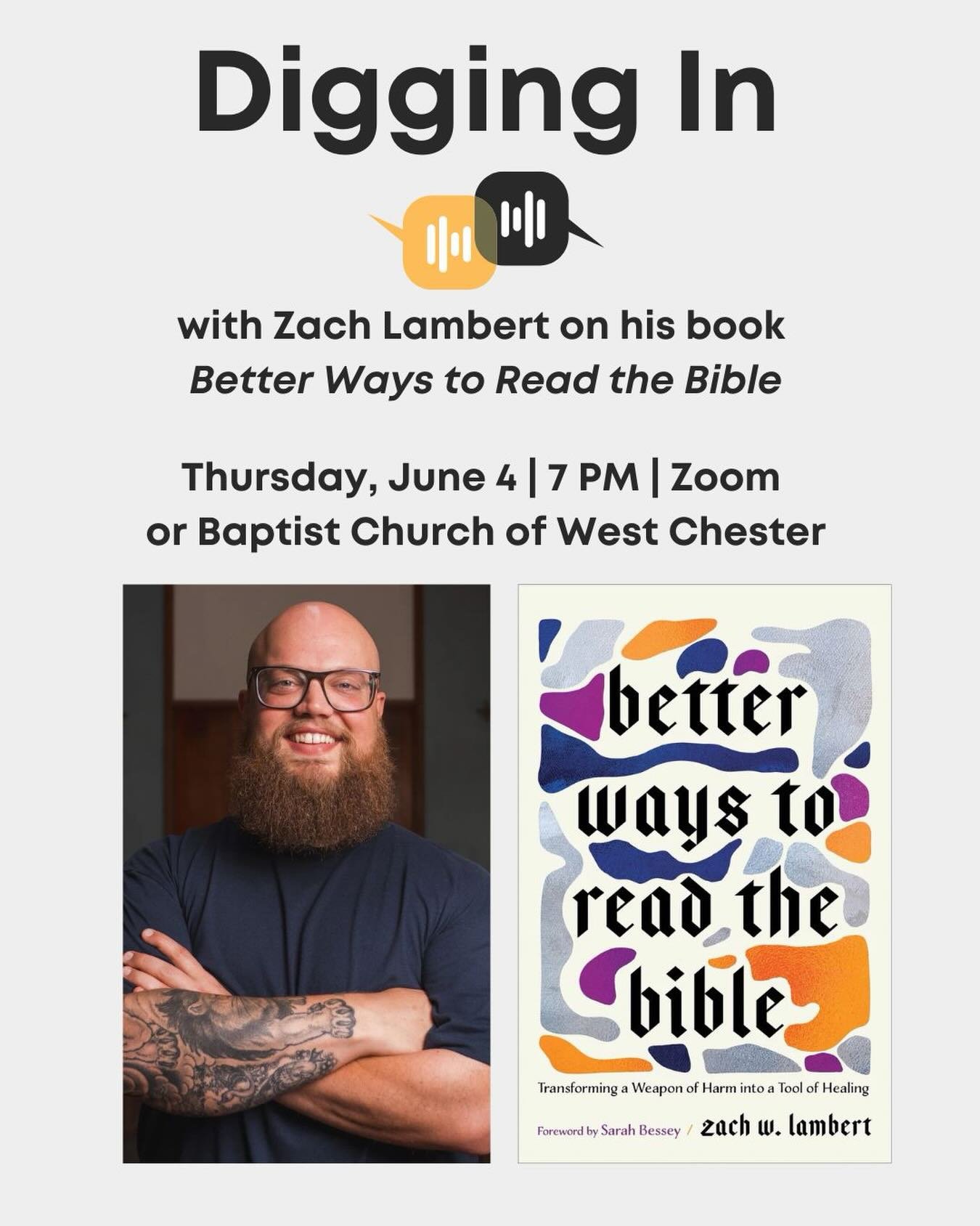 We are so excited to talk with @zachwlambert about his book, &ldquo;Better Ways to Read the Bible,&rdquo; Thursday at 7! 

Join us in person at the church of via Zoom. Childcare is provided! The Zoom link will be in our weekly church email or you can