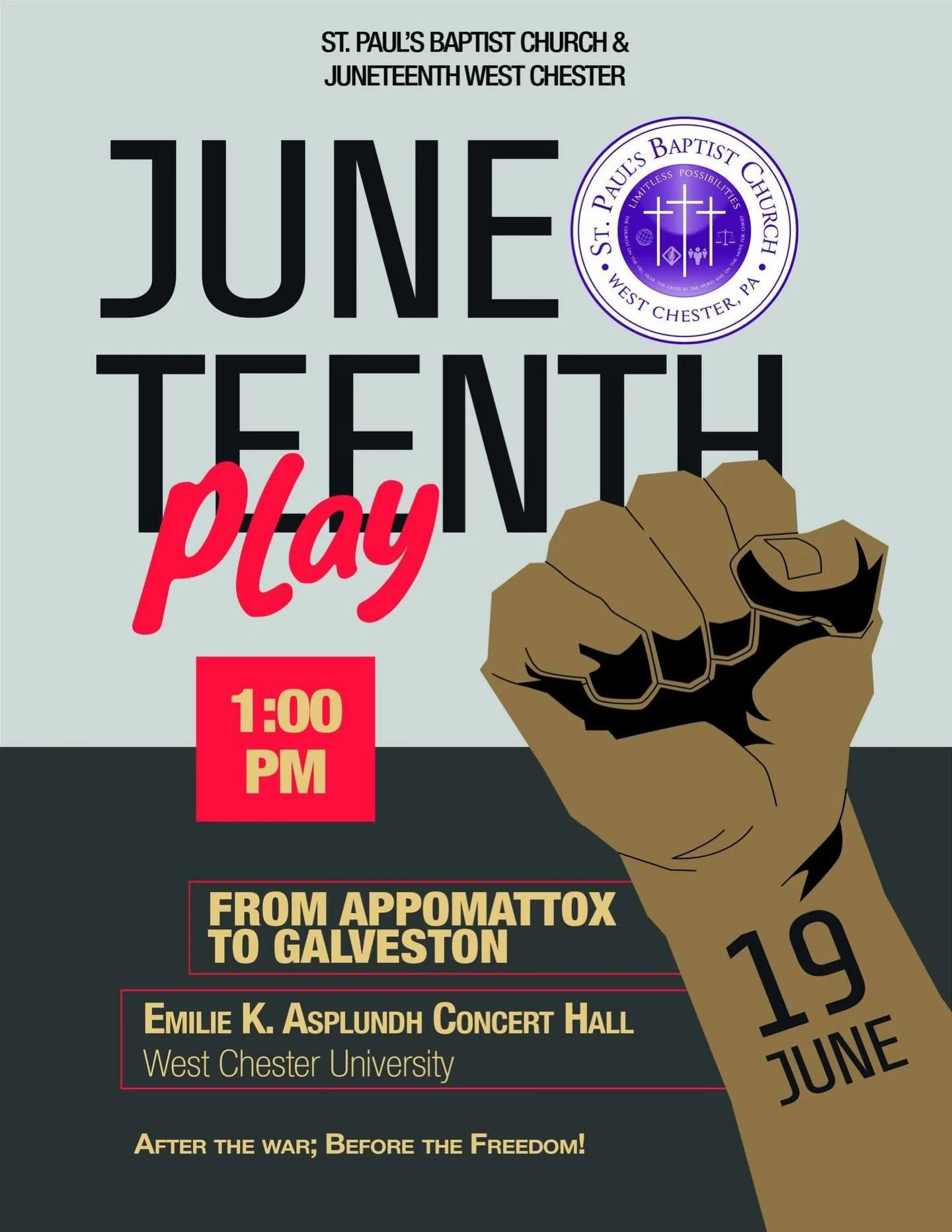 As we honor and continue to pray and work for liberation today on Juneteenth, you are invited to the Juneteenth Play at the Emile K Asplundh Concert Hall at 1 PM featuring many from our own church community and our friends at St Paul&rsquo;s Baptist 