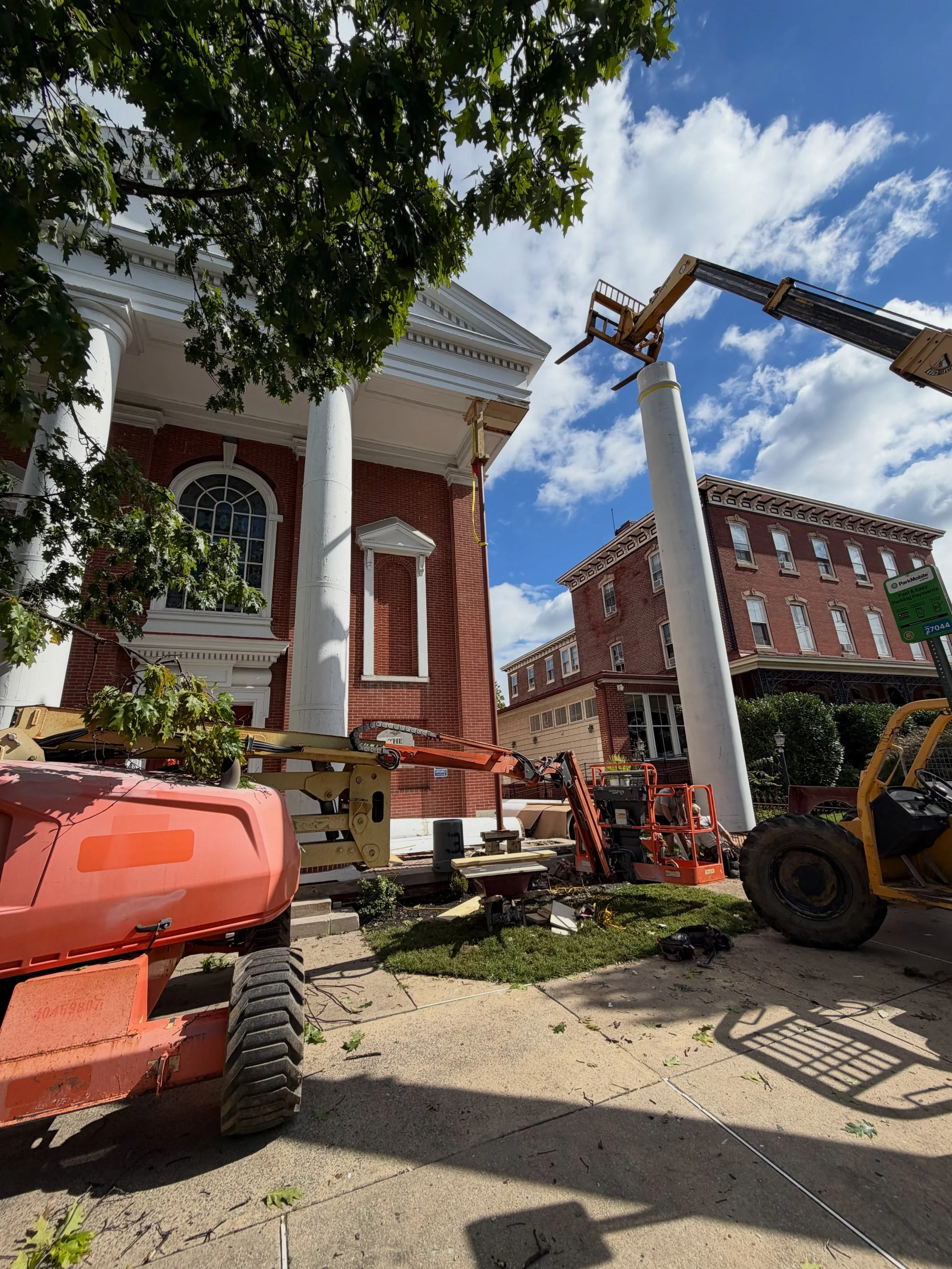 Excuse our mess, West Chester! After supporting the church for nearly 100 years, our historic pillars are being replaced due to age and decay! We hope these beautiful new columns last at least another 100 years here on High Street.