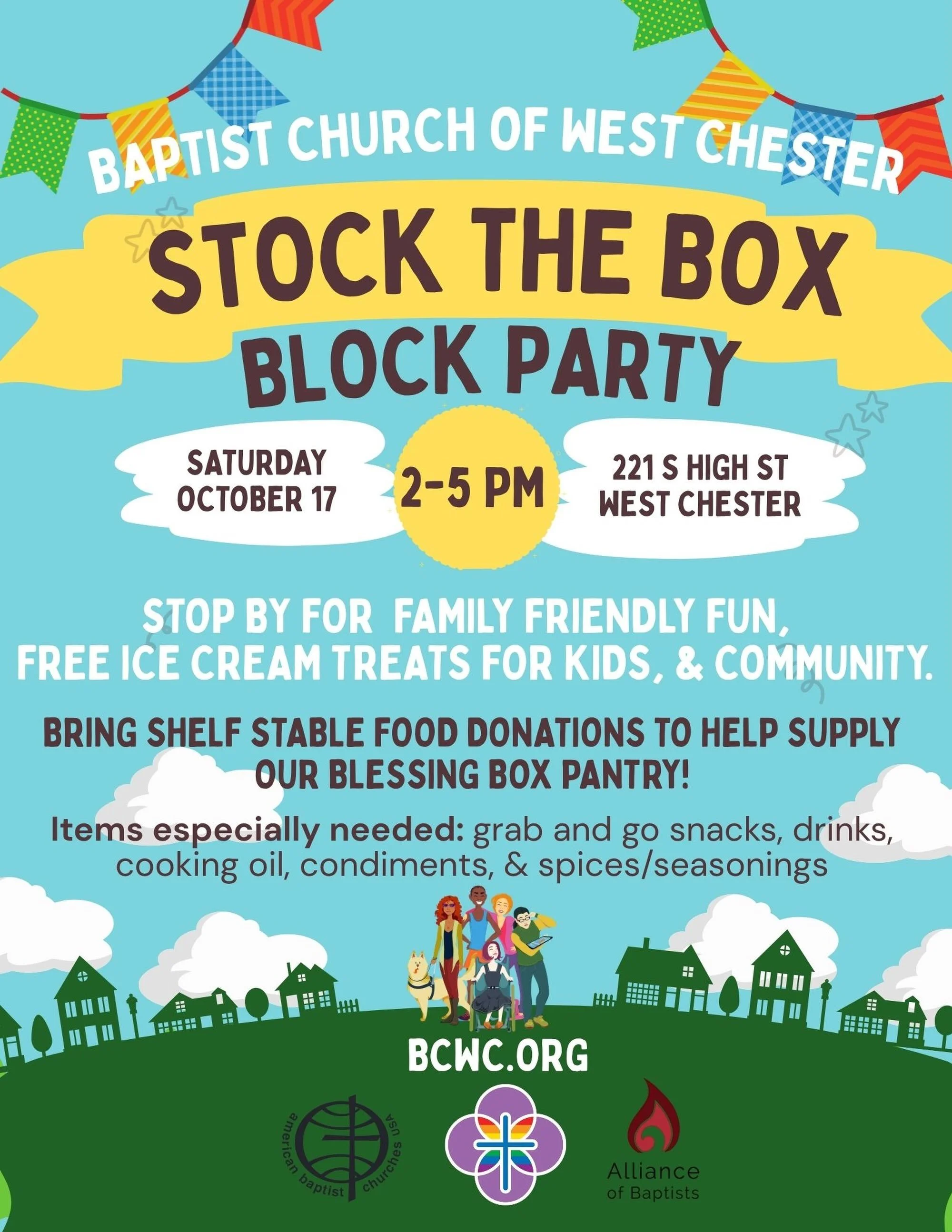 Help stock the Blessing Box and provide resources to folks in our community who need them! There will be free ice cream treats for kids, fun games, and more from 2-5 on Saturday, October 17!