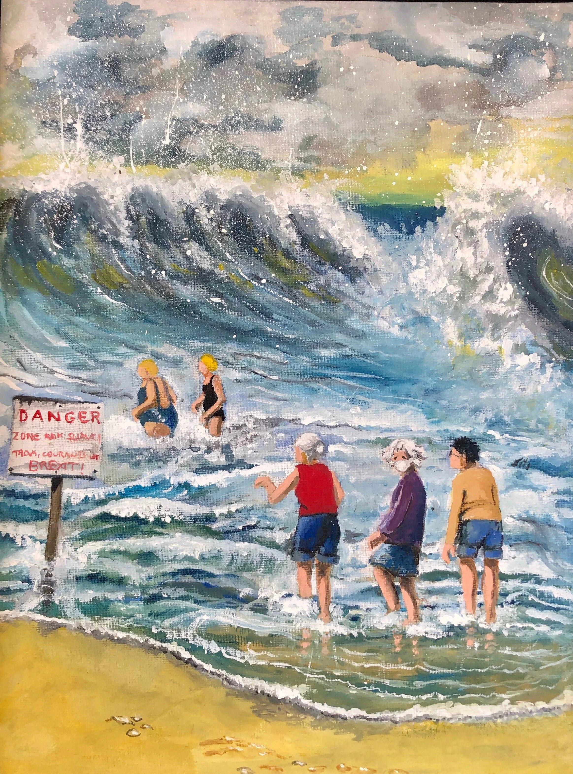  It is fairly recently, in Nimes in 2019, that I started painting “pictures”. This was an early use of gouache, forseeing Brexit (now Covid), and the characters are taken from photos I took on a Normandy beach. The waves took me a long while to work 