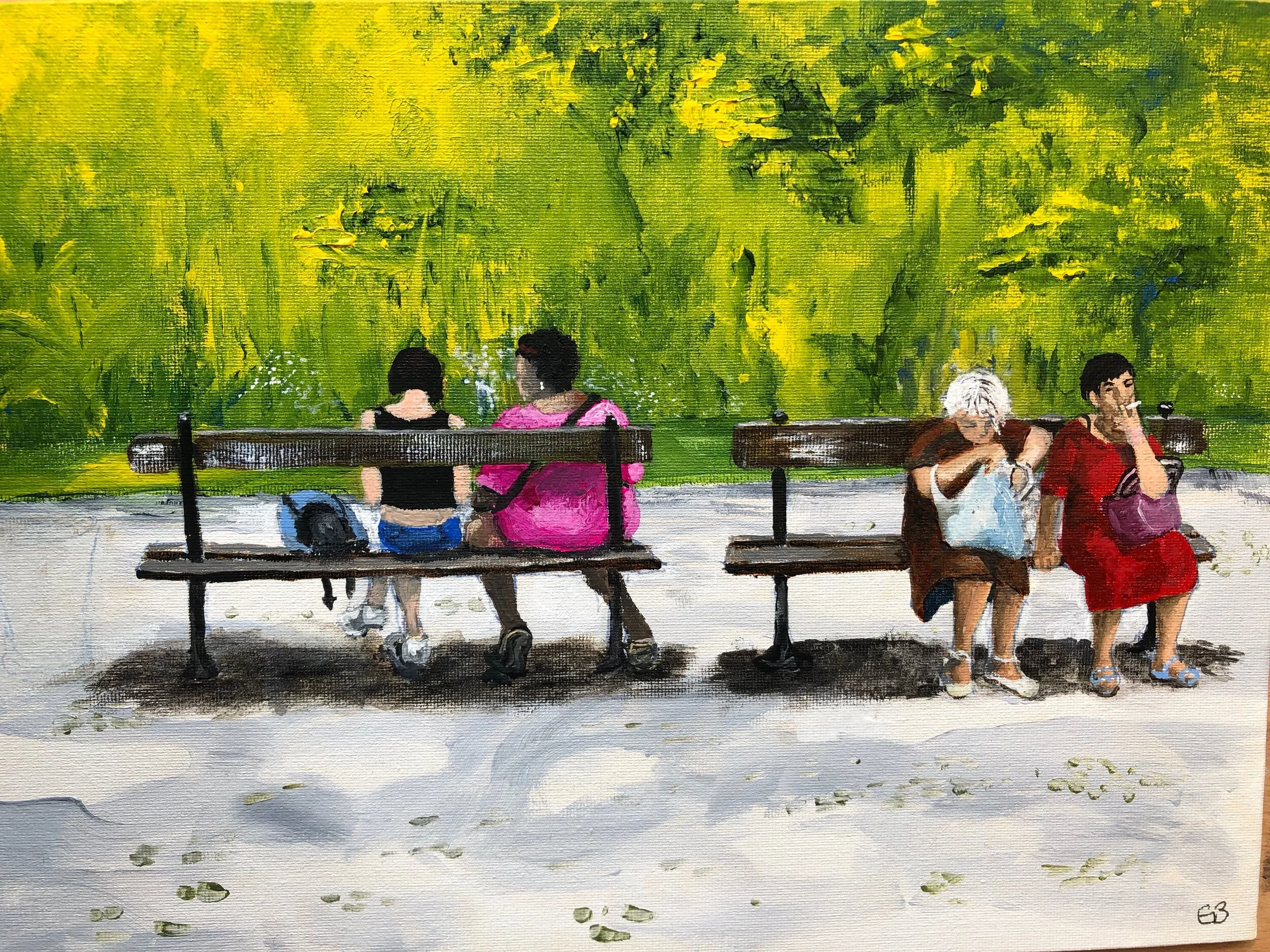  On a hot Sunday in Montpellier, I was sketching people sitting on benches. The woman in red was watching me watching her. Later I put them together into another gouache painting. 