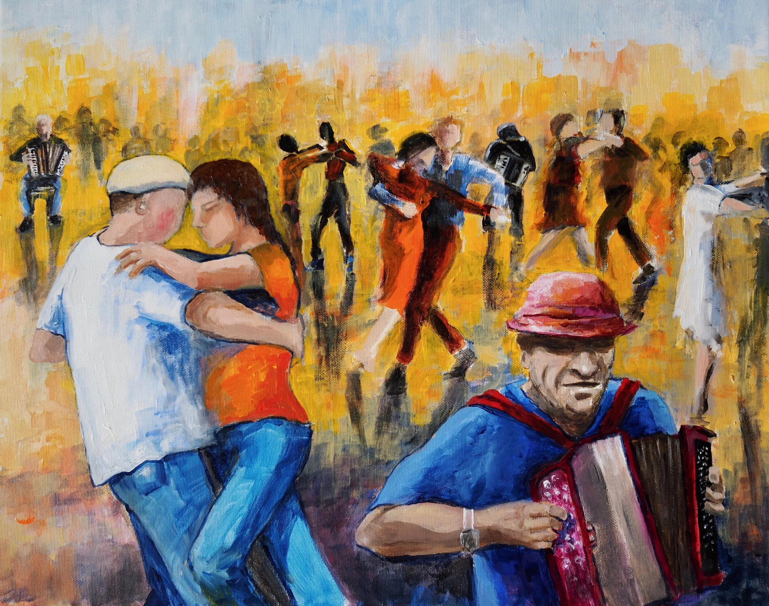  But using bigger brushes, bolder strokes and acrylic paint, I tried to free up from tight illustration. One hot Sunday evening at an accordion and dance street festival, I took photos and drew people making music and dancing. 
