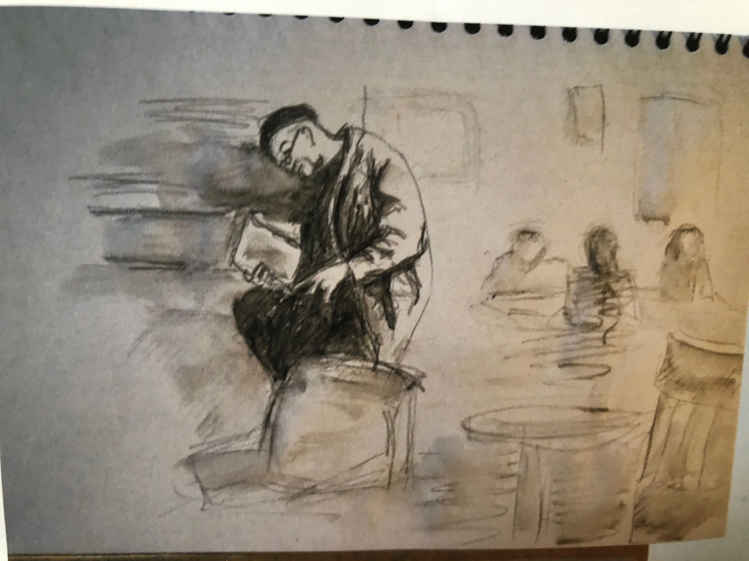  We had a local bar when living in Paris, and I often drew and took photos from tucked in a corner. All human life was there, making music, dancing, flirting and drinking. This man’s unusual shape caught my eye. 