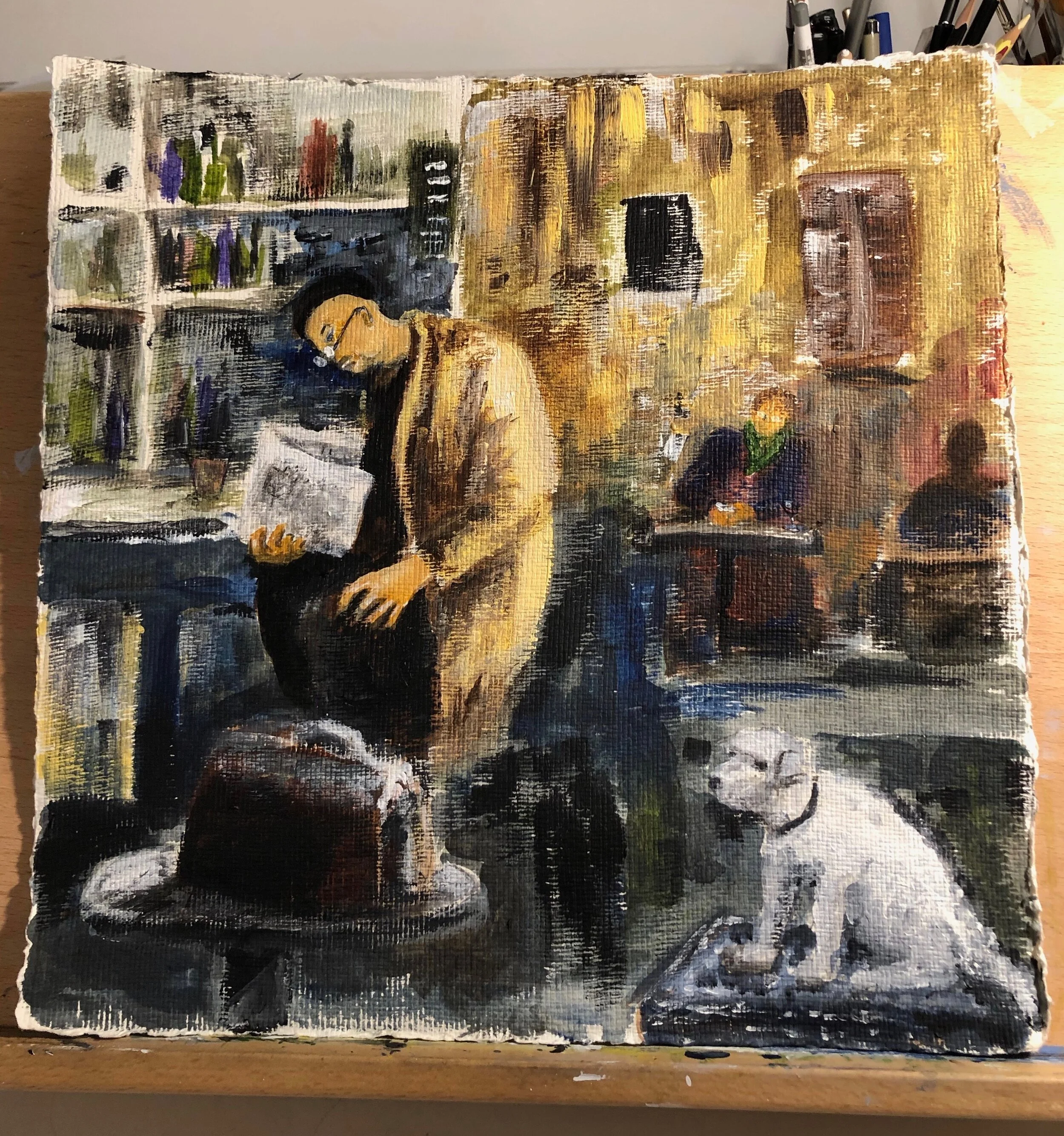  And I did a rough painting afterwards, on paper, no big deal, but including the dog who always occupied a stool. I deliberately tried to keep the brushwork loose. Still acrylic. It helped me to gain some confidence in using paint. 