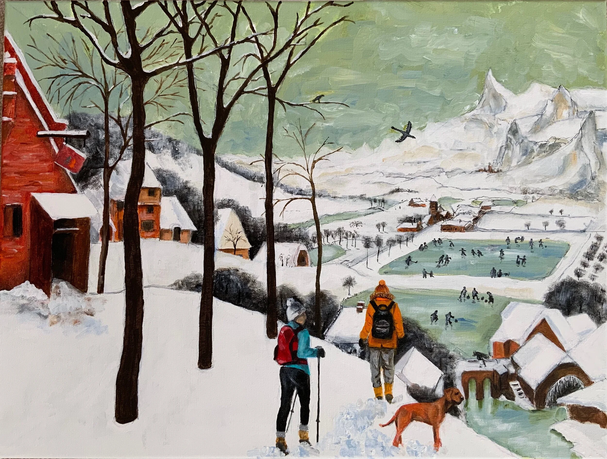  I started looking in detail at the work of painters I admired. Chris had encouraged us to copy from past masters to learn their techniques. This is obviously from Breughel but I replaced the hunters with travellers from the 21st century, visiting th