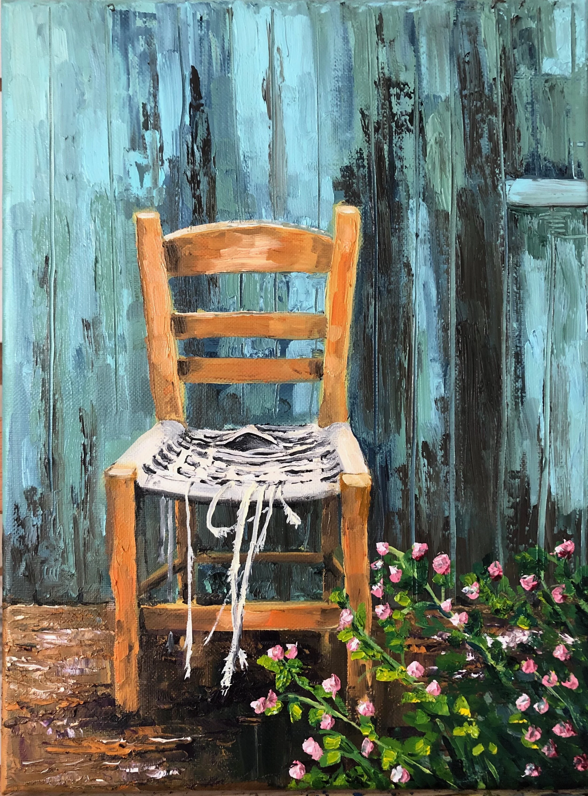  I painted this from a photo I had taken of a discarded chair. I worked hard on painting the old wooden background. But I began to fret about the chair, less interesting than the wood. So I went down to London between lockdowns to study Van Gogh’s ch