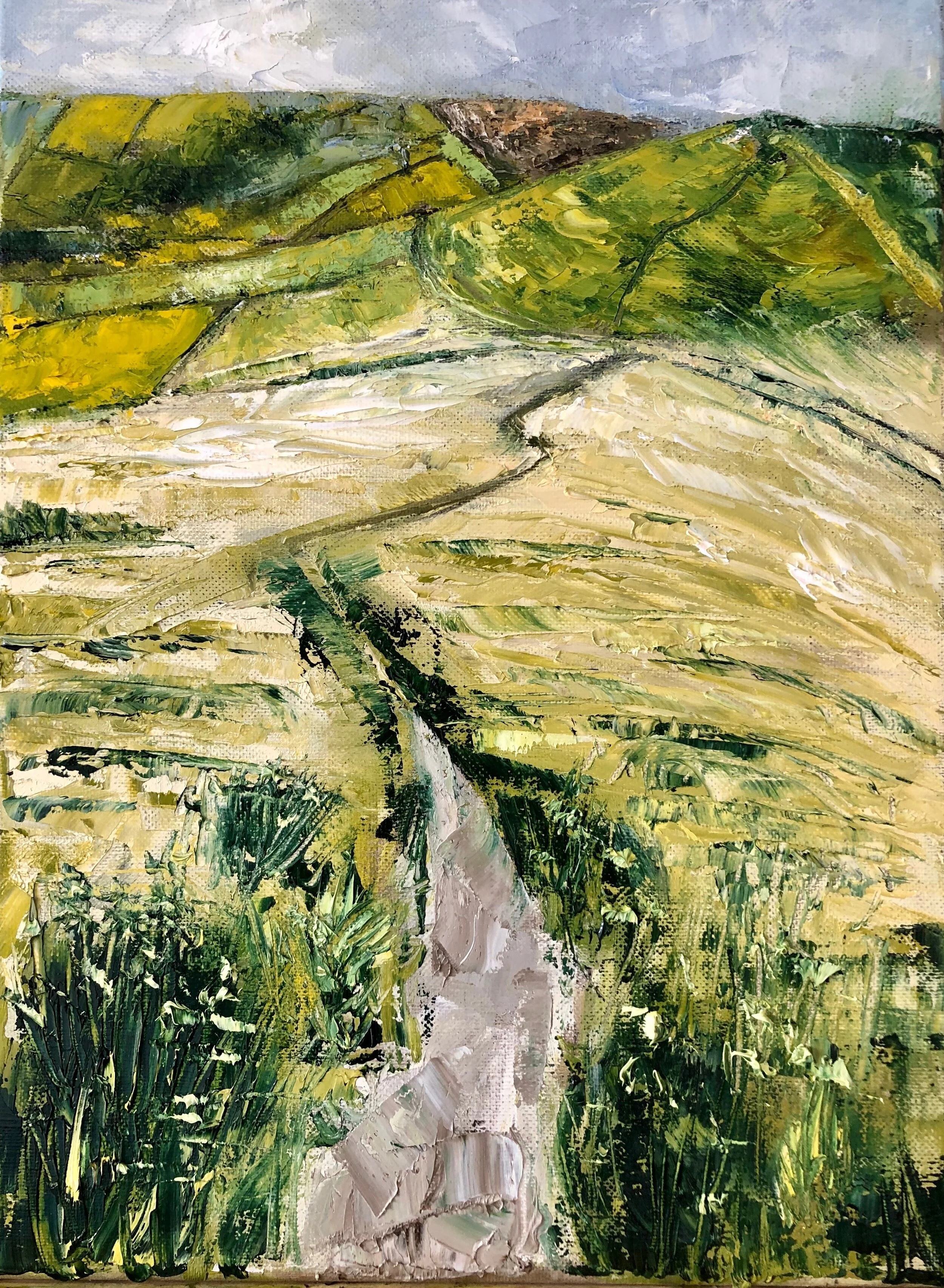  At about the same time, last summer, we walked up Kinder Scout in the Peak District. I took lots of photos and painted several pictures afterwards. This painting was entirely done using painting knife with oils. The day and the wind had released som
