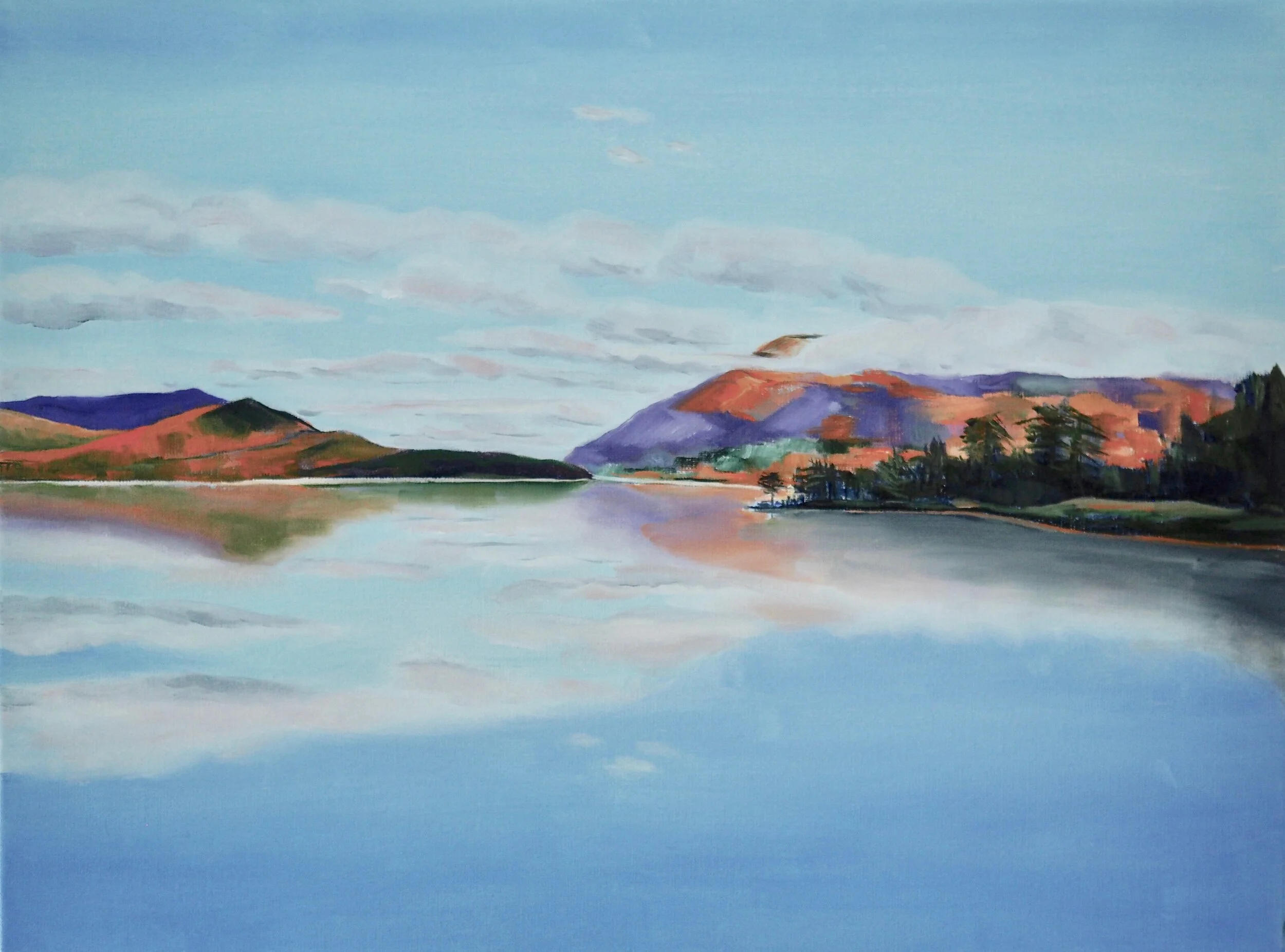  As we locked down again, I found that I wanted to paint beauty and calm, not threat. This from another photo taken in the Lake District. When I put in the first horizontal line and the touches of the hills, I stood back and realised that I did not n