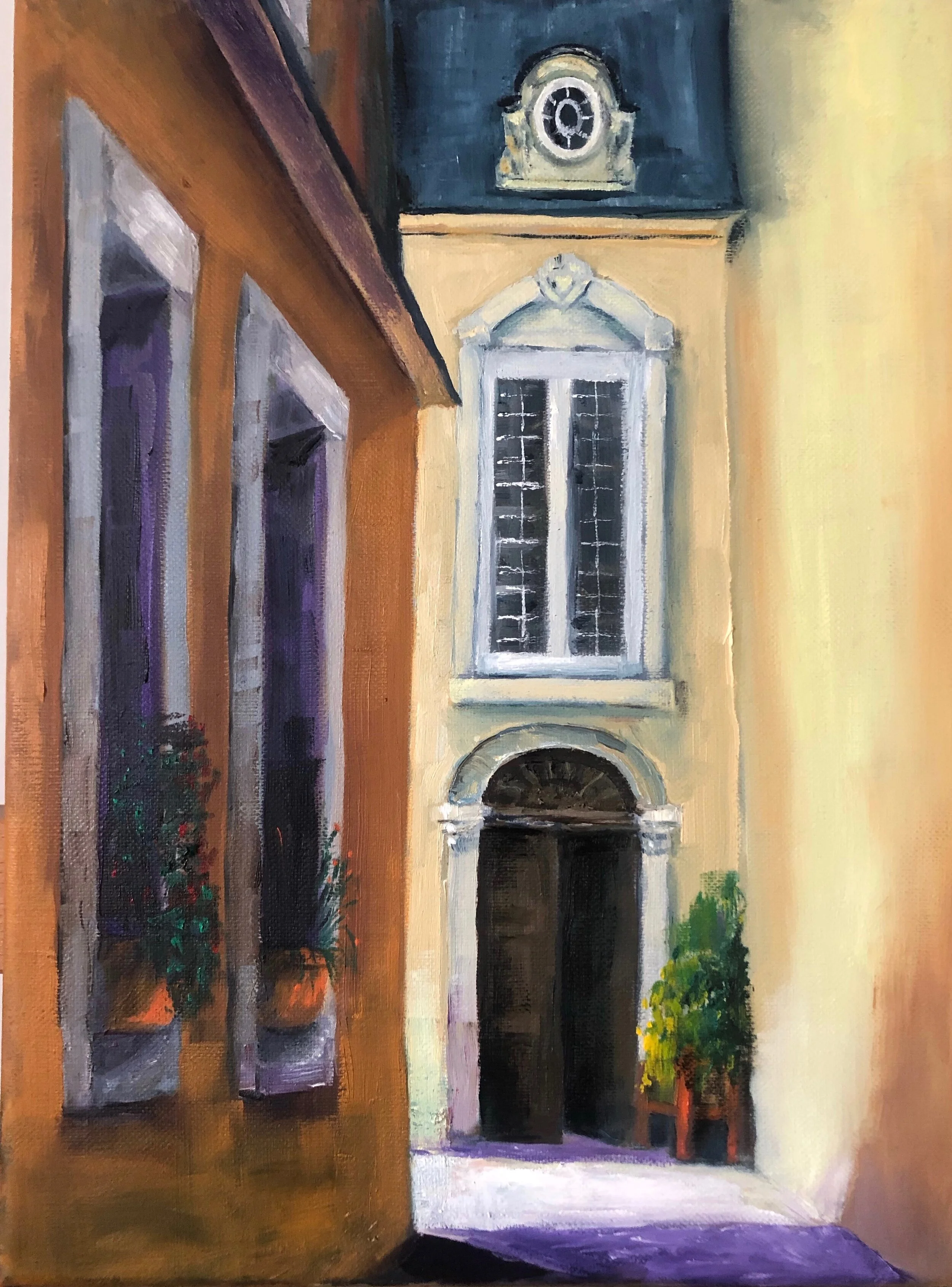  Still looking for beauty, and to immerse myself in memories of France, I painted this from a photo, with some additions and simplifications. I used medieval yellow, and enjoyed using complementary colours for shade. Technically I am reasonably pleas