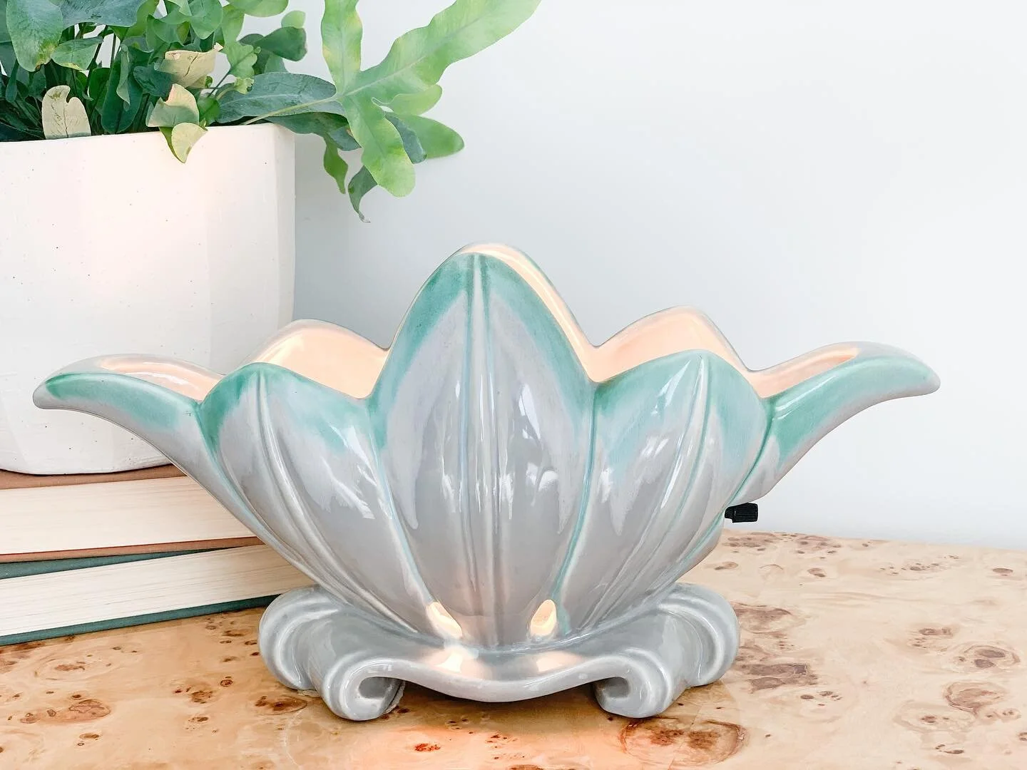 AVAILABLE/ 1950&rsquo;s TV Lamp! Glossy ceramic finish with shades of grayish lavender and aqua. Such a cool addition to a media console, bookshelf, or stack of books. The open top casts a really pretty dim light. Original wiring, on/off switch on si