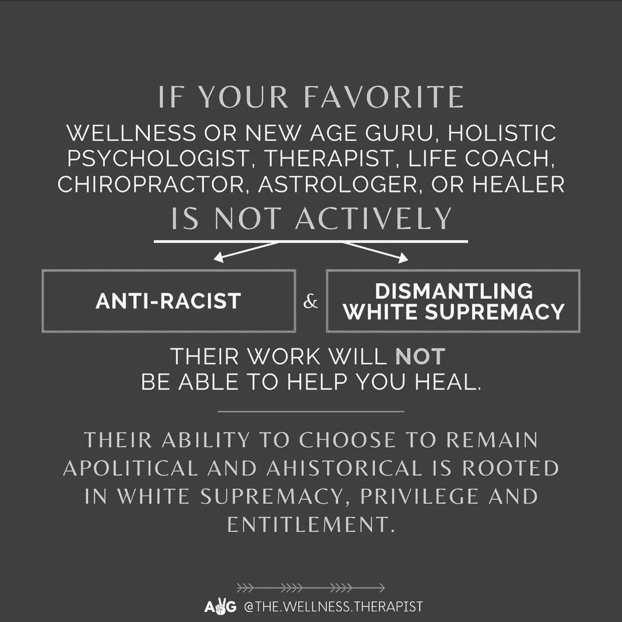 #repost @the.wellness.therapist ⠀
⠀
Screaming this for everyone in the back of the room! 🗣⠀
⠀
Spiritual Bypassing is not where it&rsquo;s at. This is a time of UNLEARNING to relearn so we can all dismantle White Supremacy TOGETHER. ⠀
⠀
It&rsquo;s sa