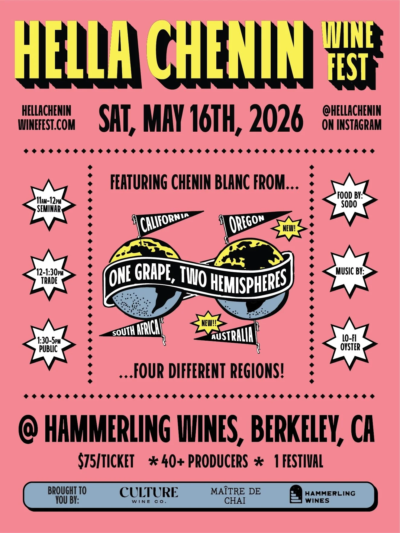 Back for round two! We had such a good time at the first Hella Chenin Fest last year, and we&rsquo;re looking forward to being back on Saturday, May 16th.

40+ producers from California, Oregon, South Africa, France, and Australia, all pouring their 