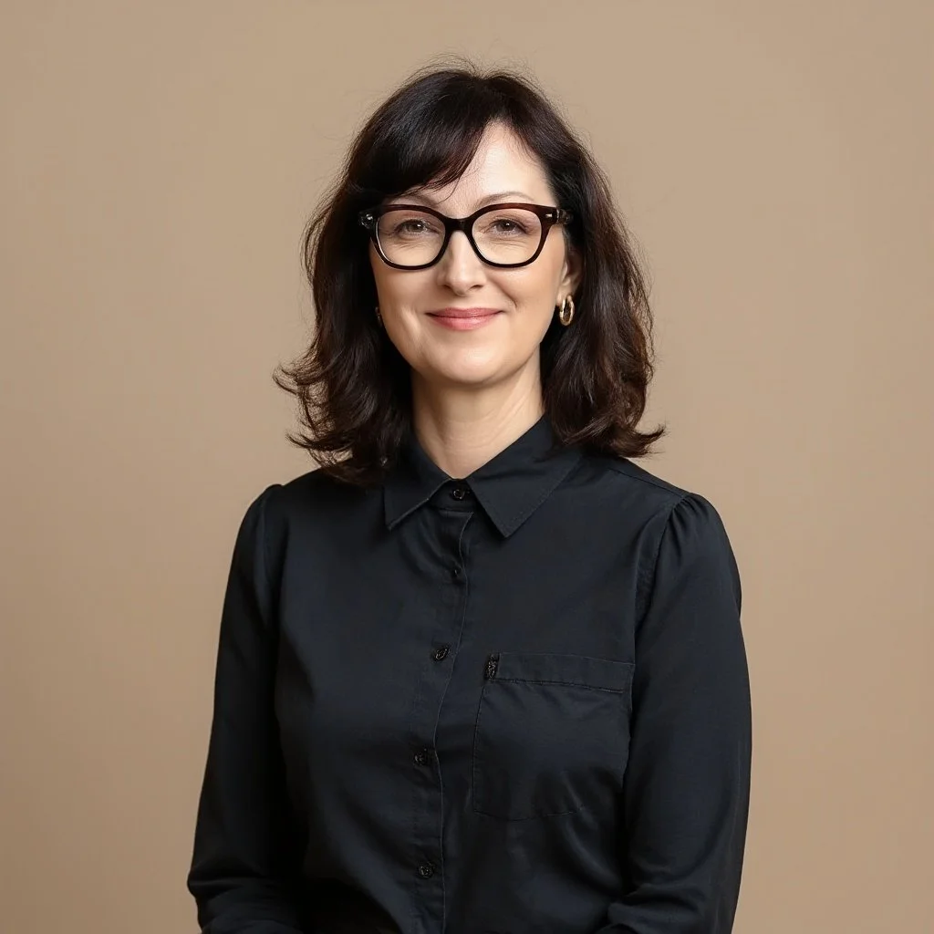 A woman with shoulder-length dark brown hair wearing black glasses, gold hoop earrings, and a black button-up shirt, smiling in front of a beige background.