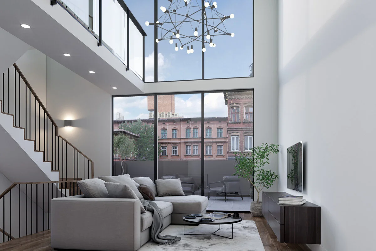 Large windows in modern living room designed by Narine and Co