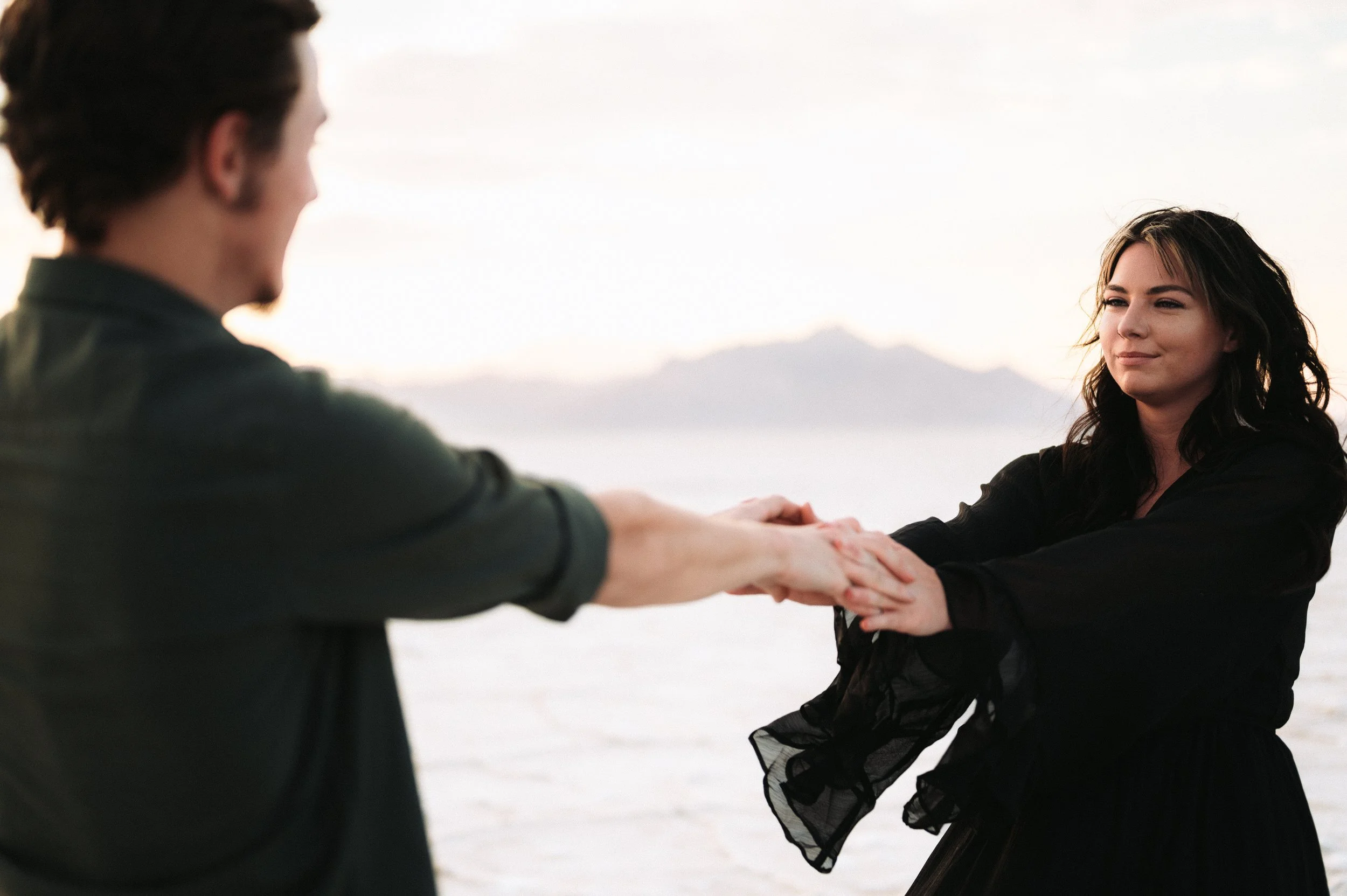 Dreamy Wedding Engagement Session at The Bonneville Salt Flats At Sunset With Flowy Black Dress-62.jpg