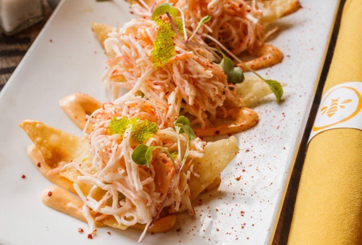 Meat Free Friday lunch/dinner option! KRAB NACHOS (df)  crispy wonton chips, spicy mayo, yuzu guacamole, tobiko