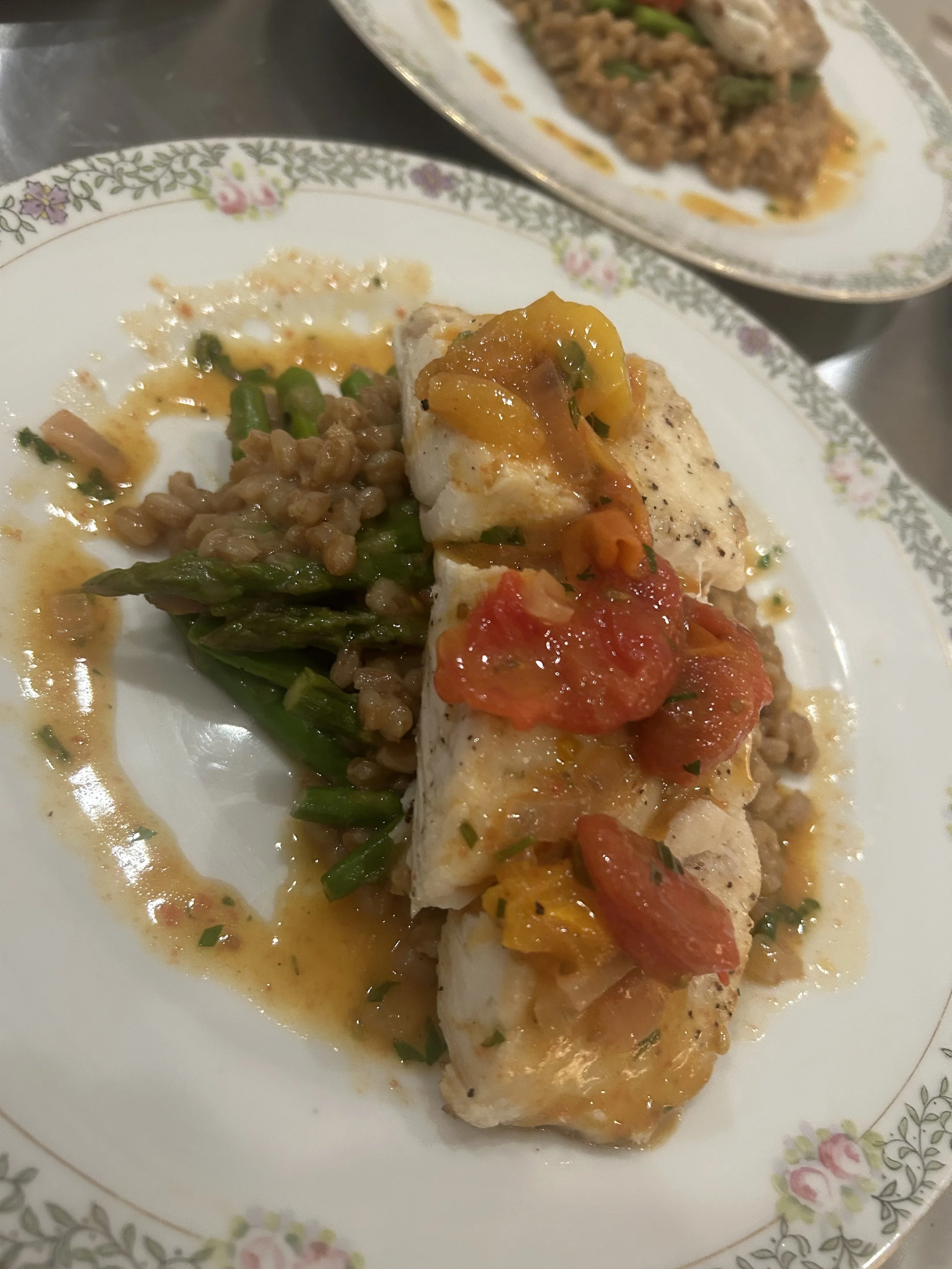Halibut, Farro Risotto, Tomato-Citrus Beurre Blanc