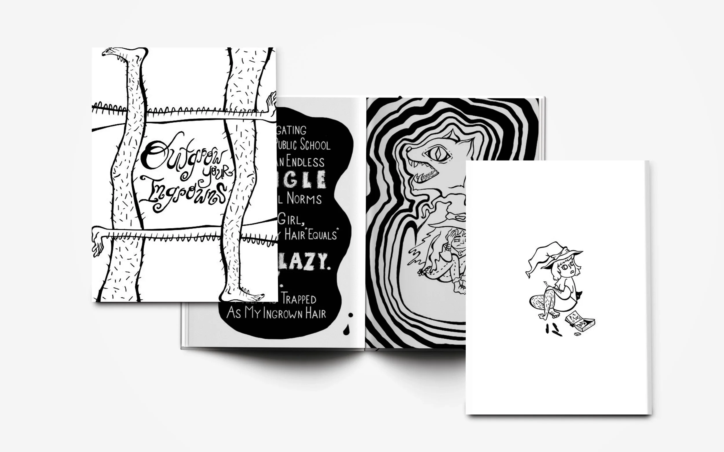 Illustrated zine spreads about growing up Cuban and Italian and the expectations around body hair. I explored hand-drawn typography that mimics hair textures along with character illustration and bold shifts in line weight to support the tone of the 