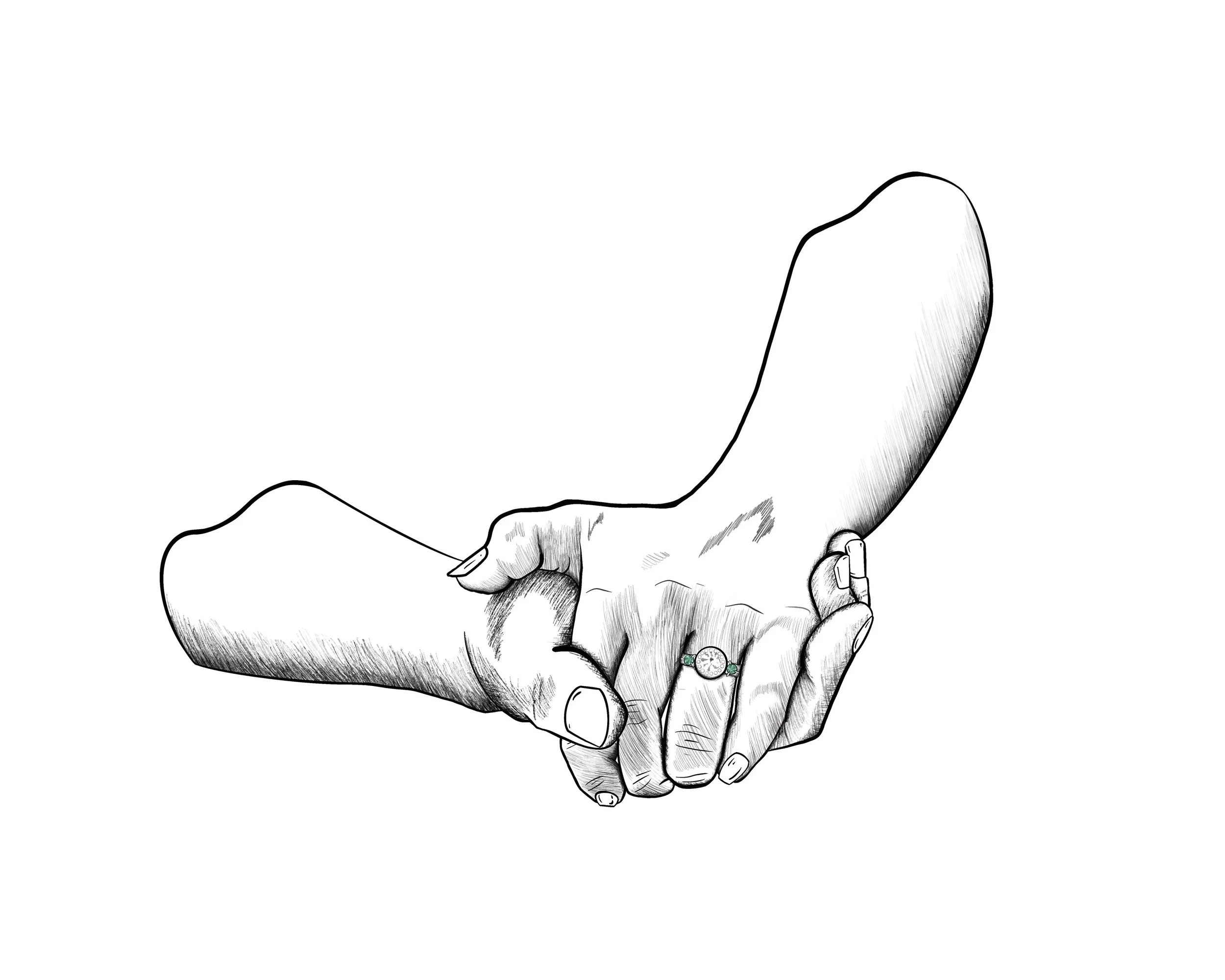 A custom illustration of a friend’s engagement moment, developed from hand studies before creating the final digital piece. Special attention was given to accurately capturing the ring as the focal point.