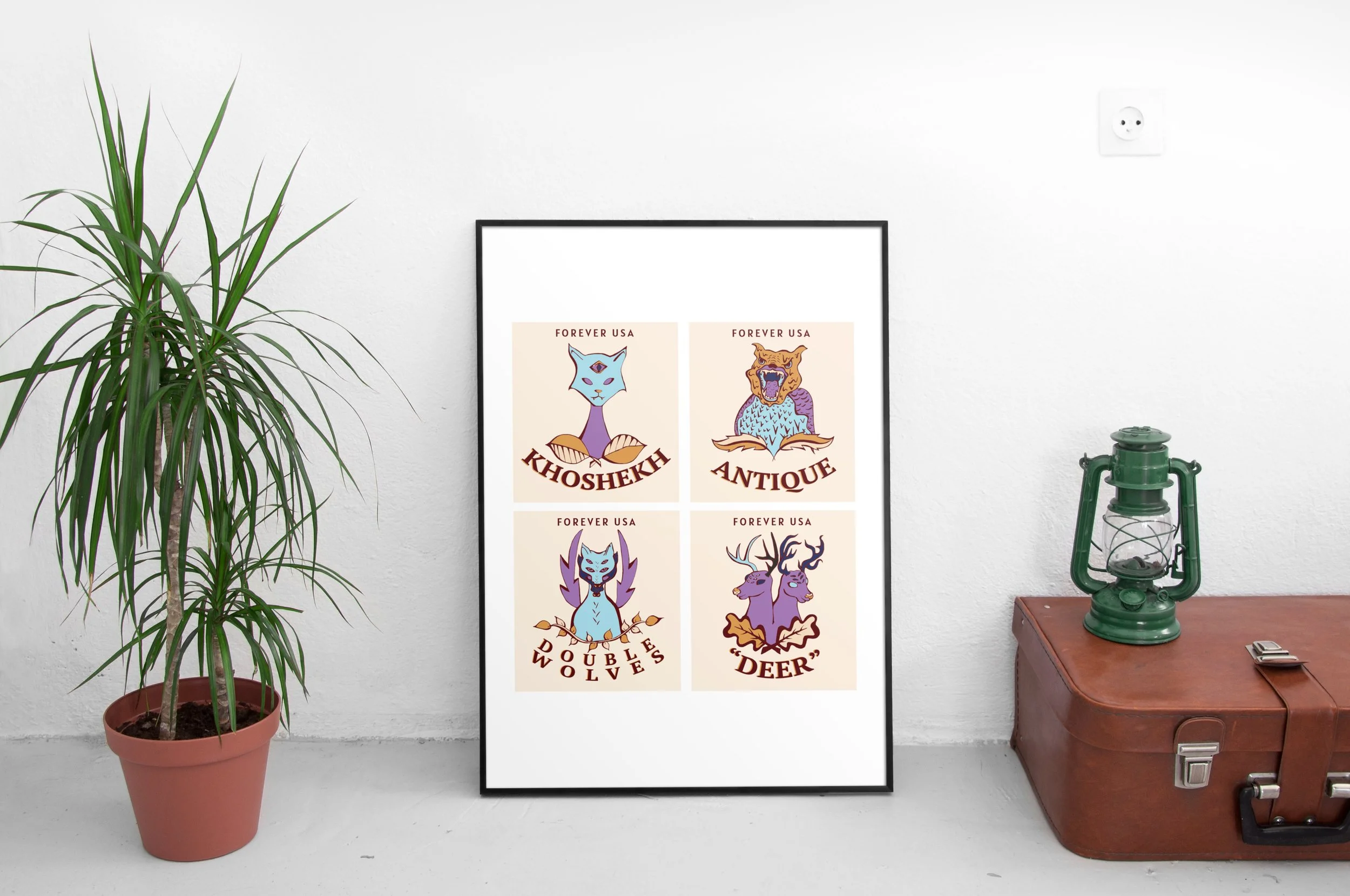 A set of illustrated stamp concepts exploring character design and typography. Inspired by Welcome to Night Vale, I translated descriptive audio storytelling into a consistent visual style across a small series of imagined Forever stamps.