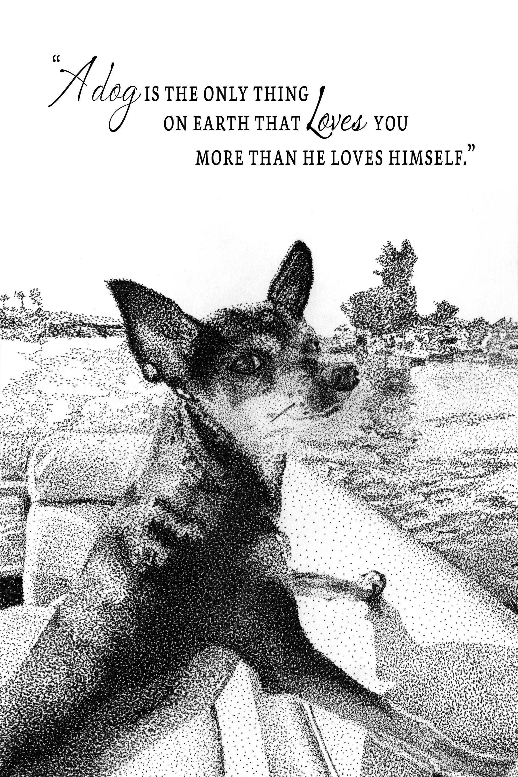 An ink pointillism portrait commissioned as a gift, later adapted into a poster layout with typography and printed apparel as an additional surprise for the client.