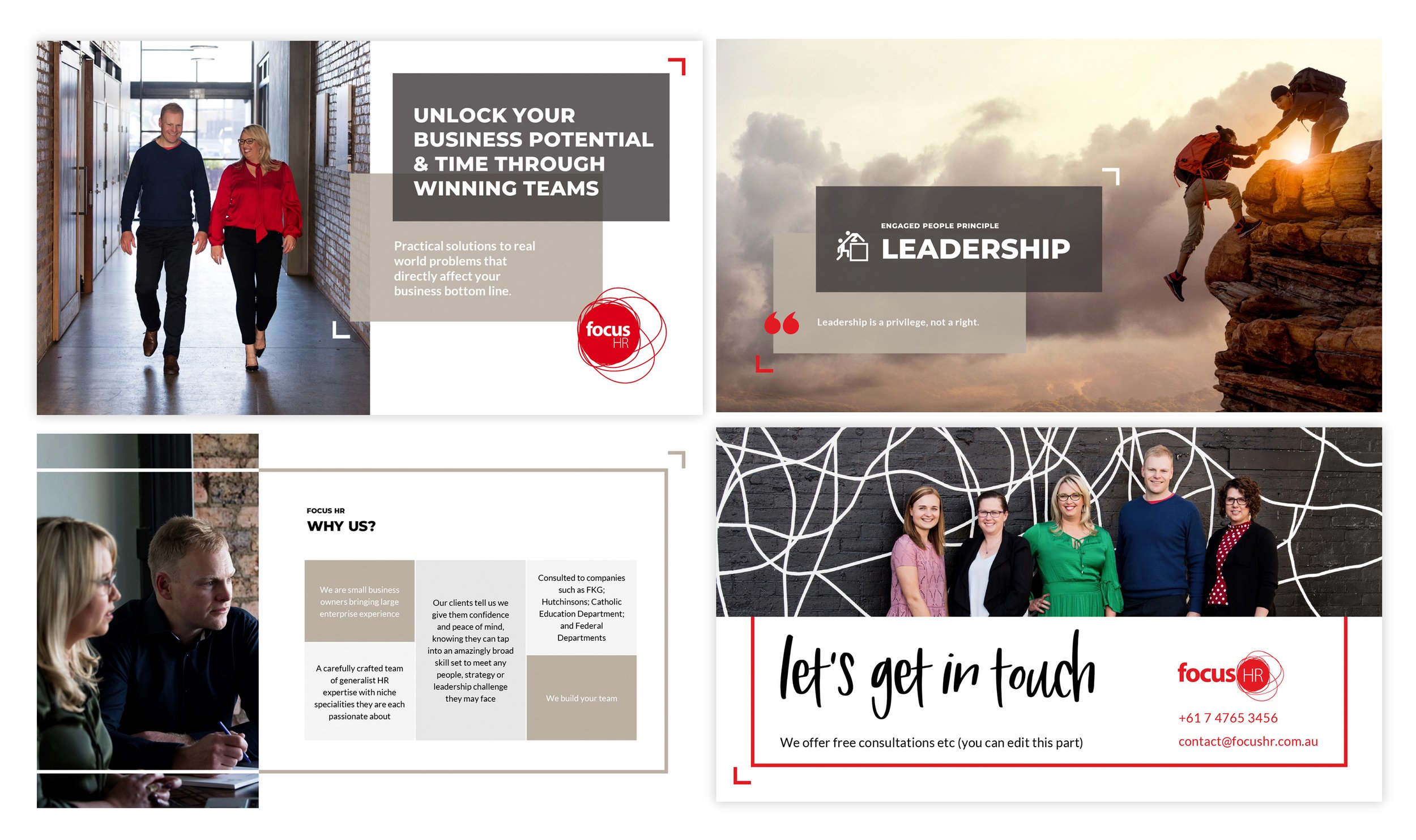 We helped give Focus HR a new brand look and feel while creating their pitch deck. We married their existing colour palette and imagery to create slides that reflect who they are and how they help compnies.
They happily accepted our challenge to s
